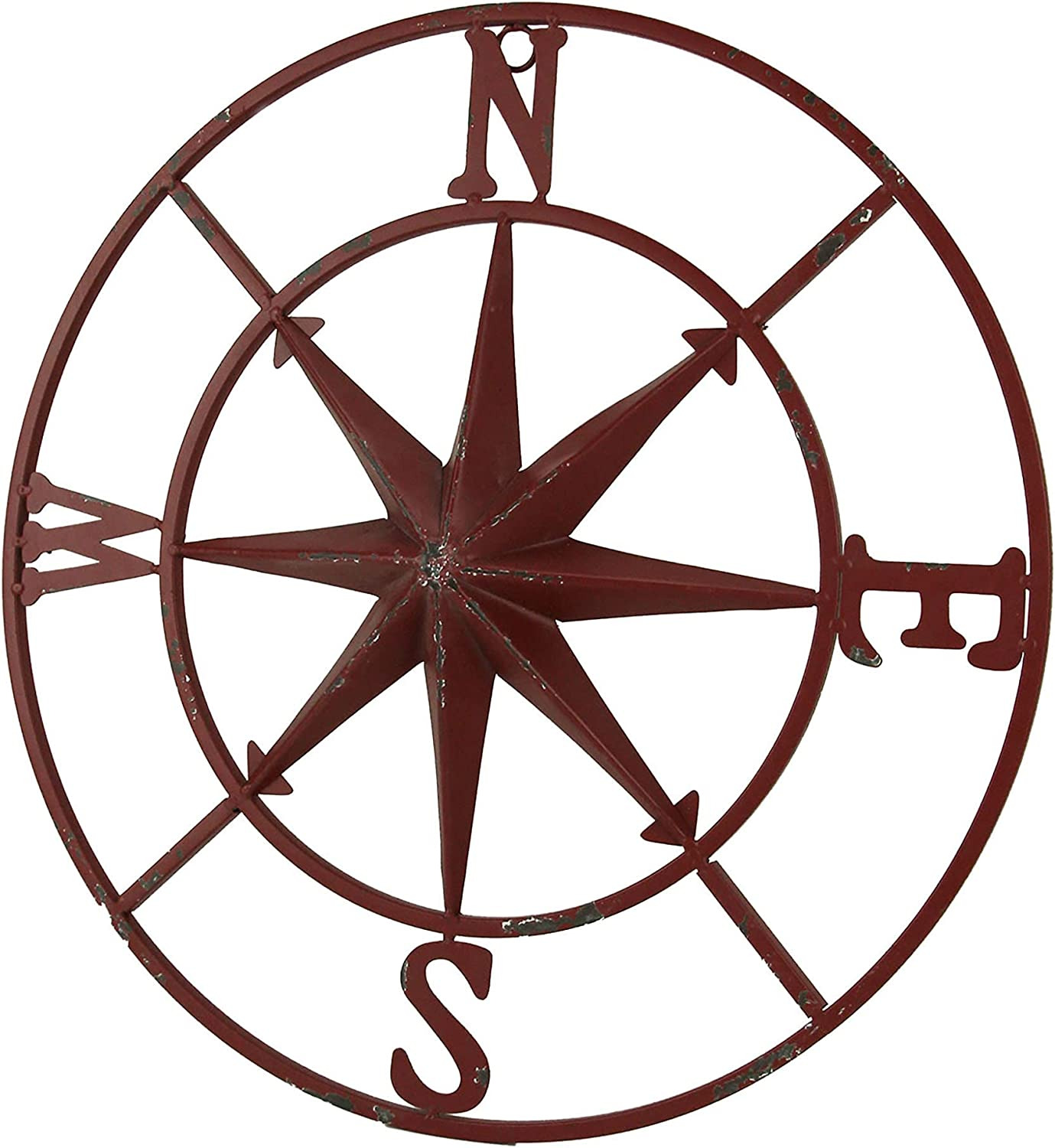 Distressed Metal Nautical Compass Rose Indoor/Outdoor Wall Hanging - Red
