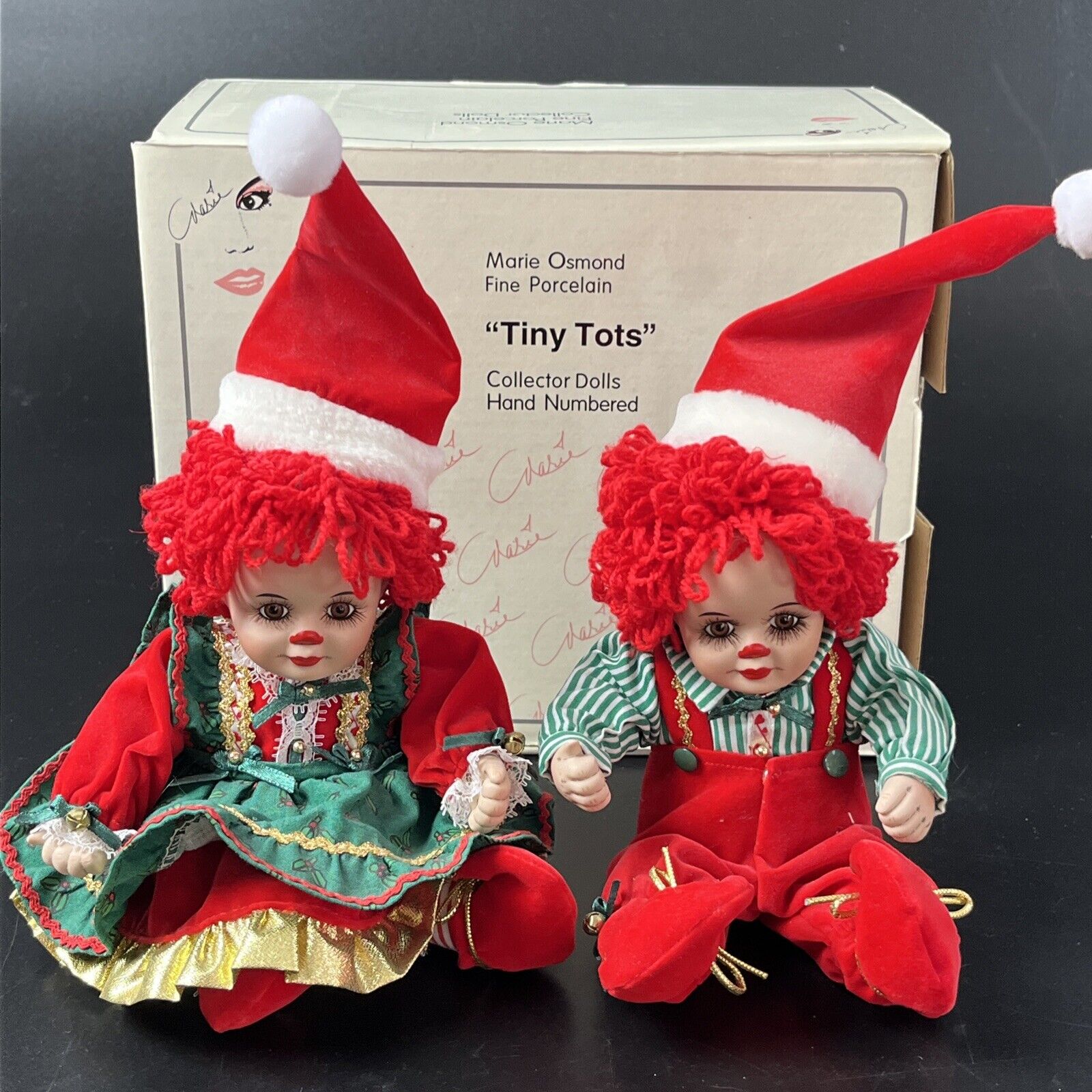 Marie Osmond Christmas Tiny Tots Porcelain Raggedy Ann Andy Jingles & Belle 2000