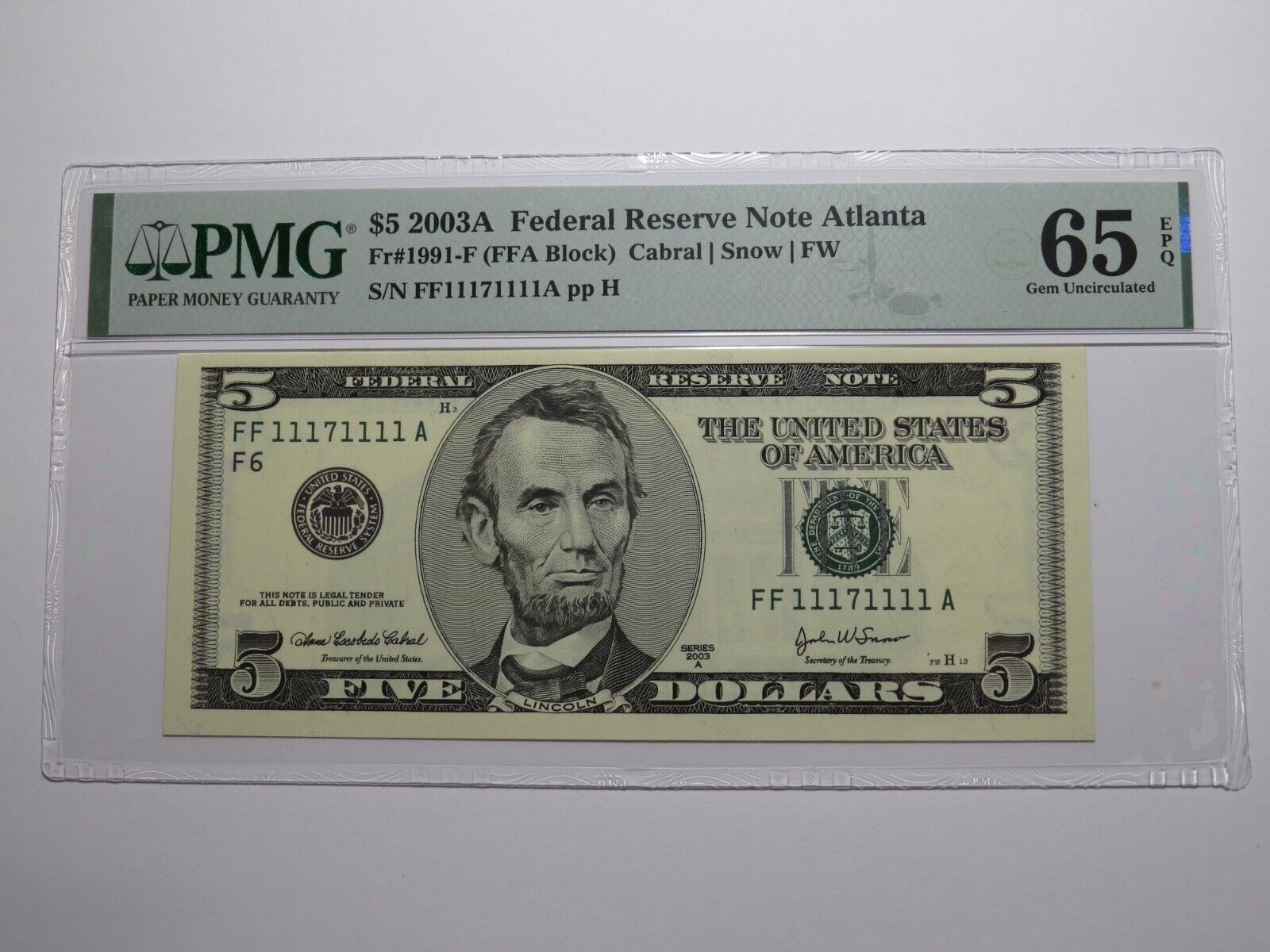$5 2003 Near Solid Serial Number Federal Reserve Bank Note Bill UNC66 #11171111