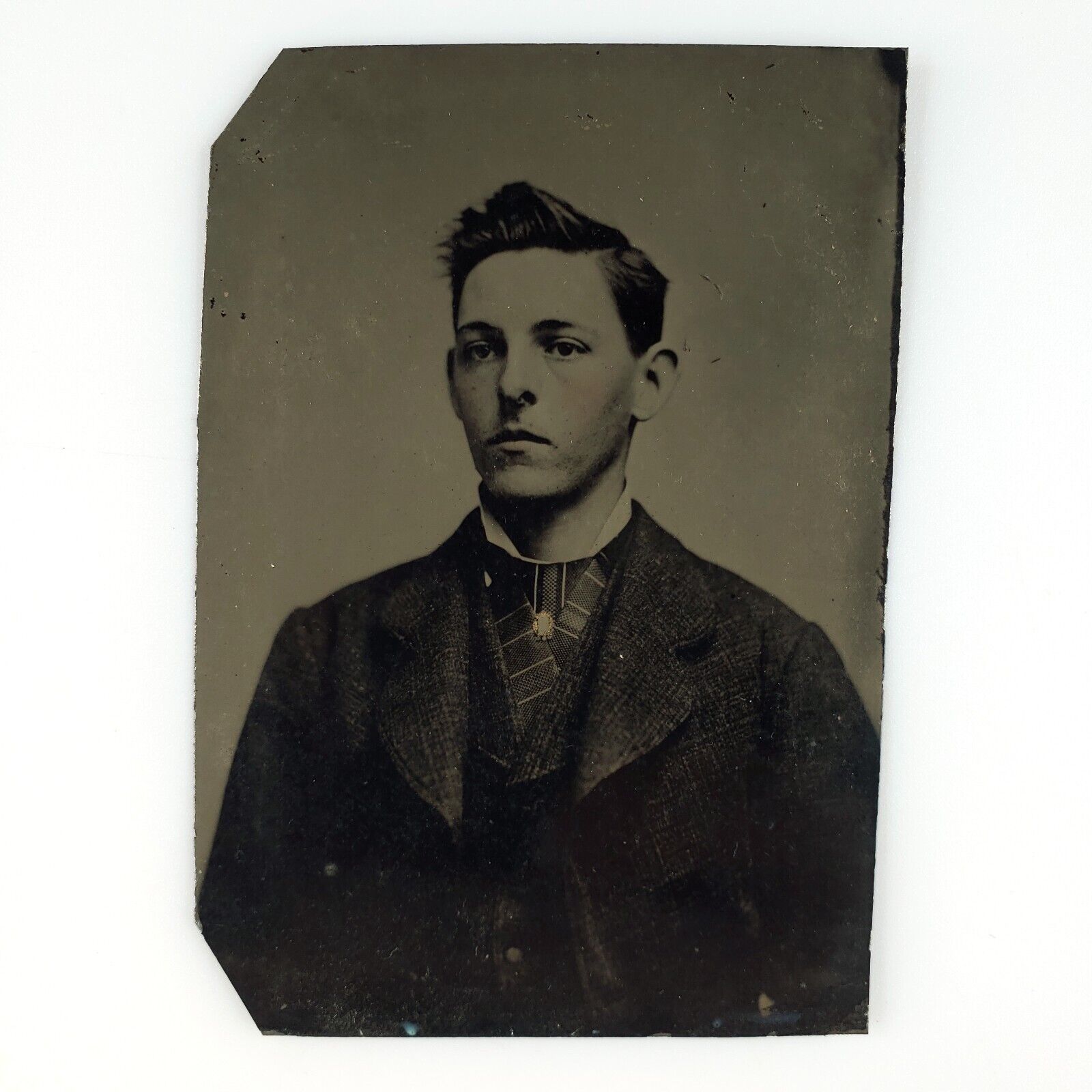 Named Foster Connecticut Man Tintype c1878 Antique 1/6 Plate Robbins Photo H780