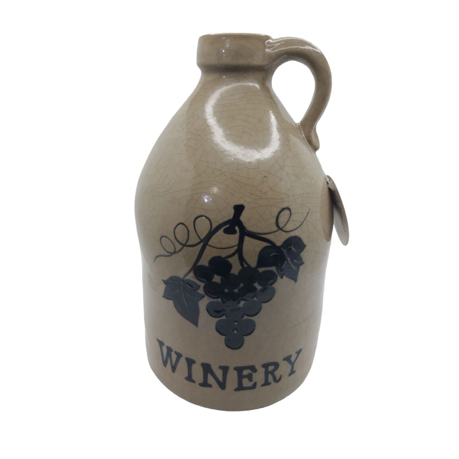 vintage island imports pottery ceramic glazed jug grape vine and winery.