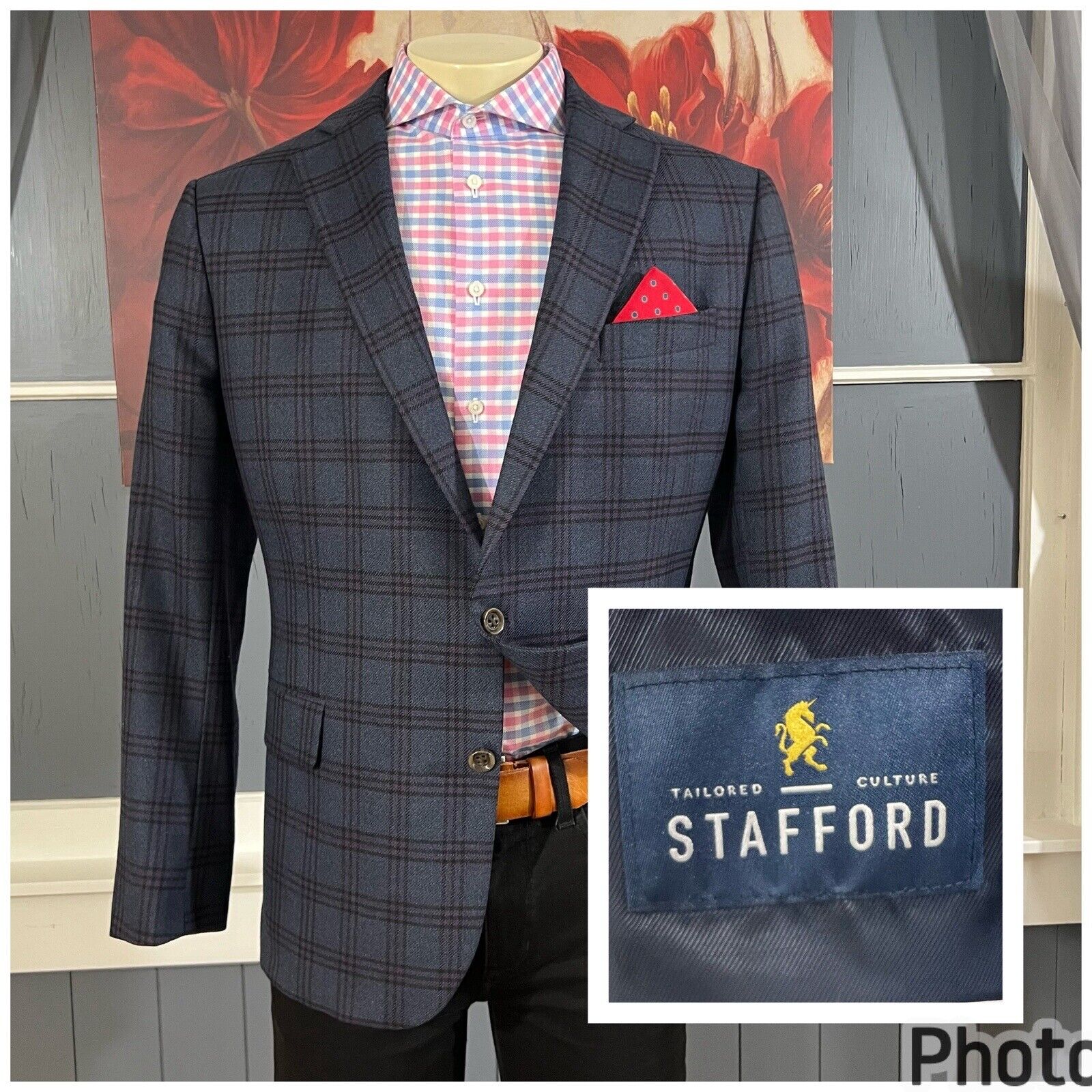 Stafford Blazer Mens 46S Short Merino Wool Blend Stretch Sport Coat Jacket
