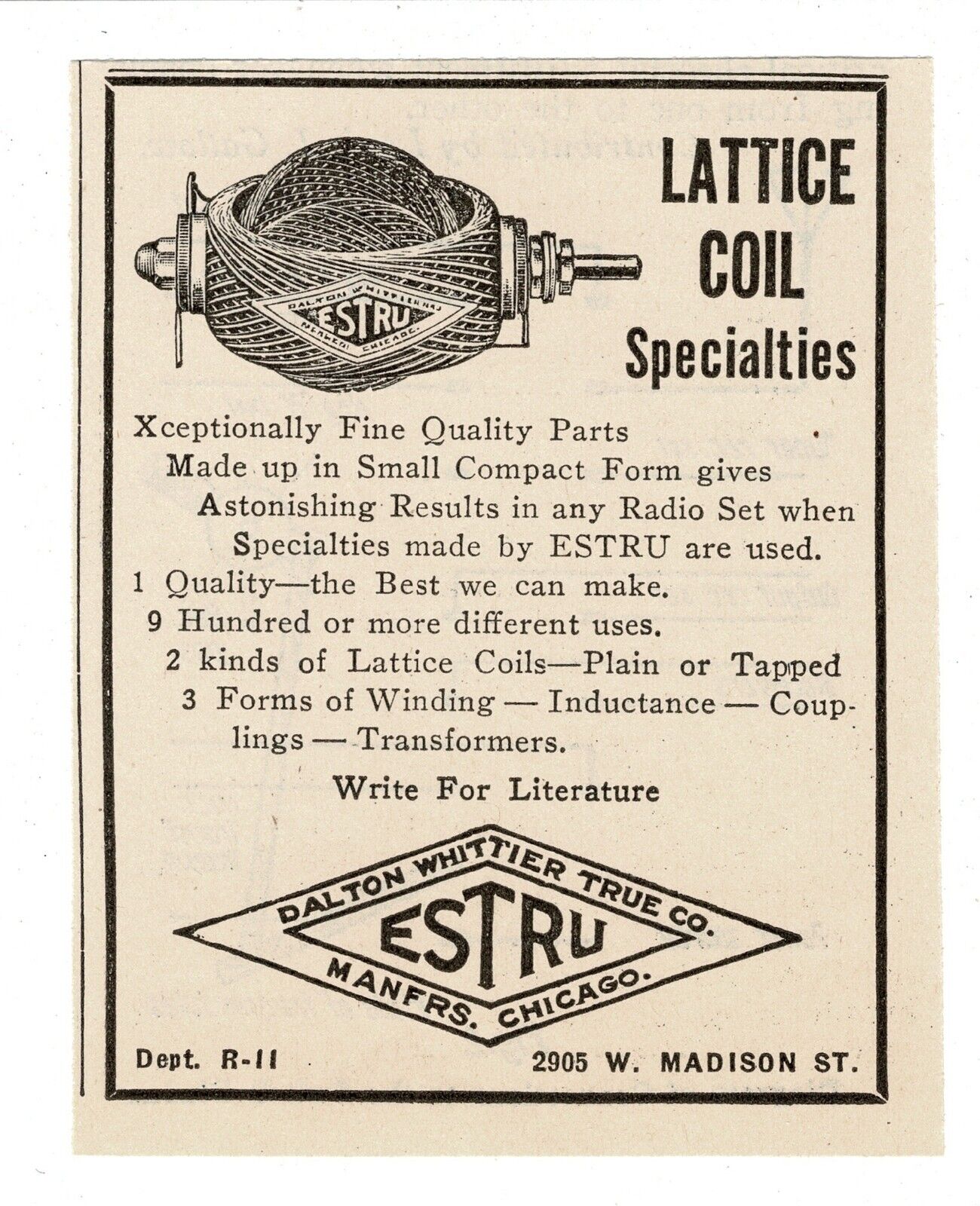 1924 ESTRU Lattice Coil Radio Variometer Tuner Dalton Whittier Vintage Print Ad