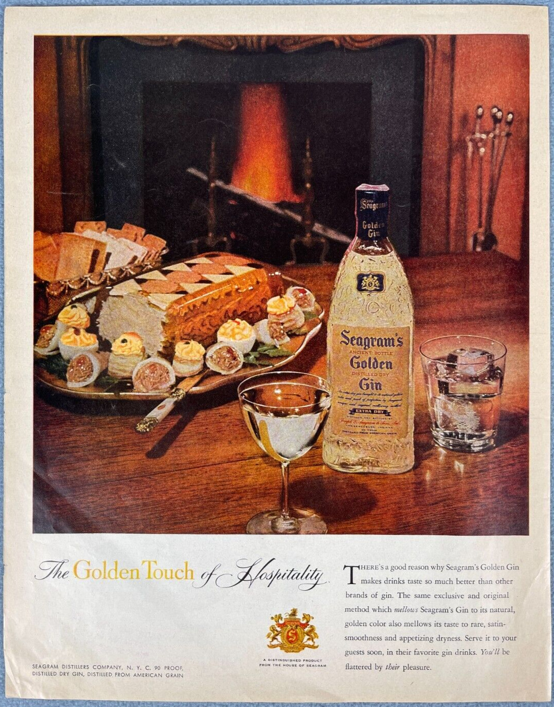 1956 Seagram'sGin Vintage Print Ad The Golden Touch of Hospitality Cocktail Hour