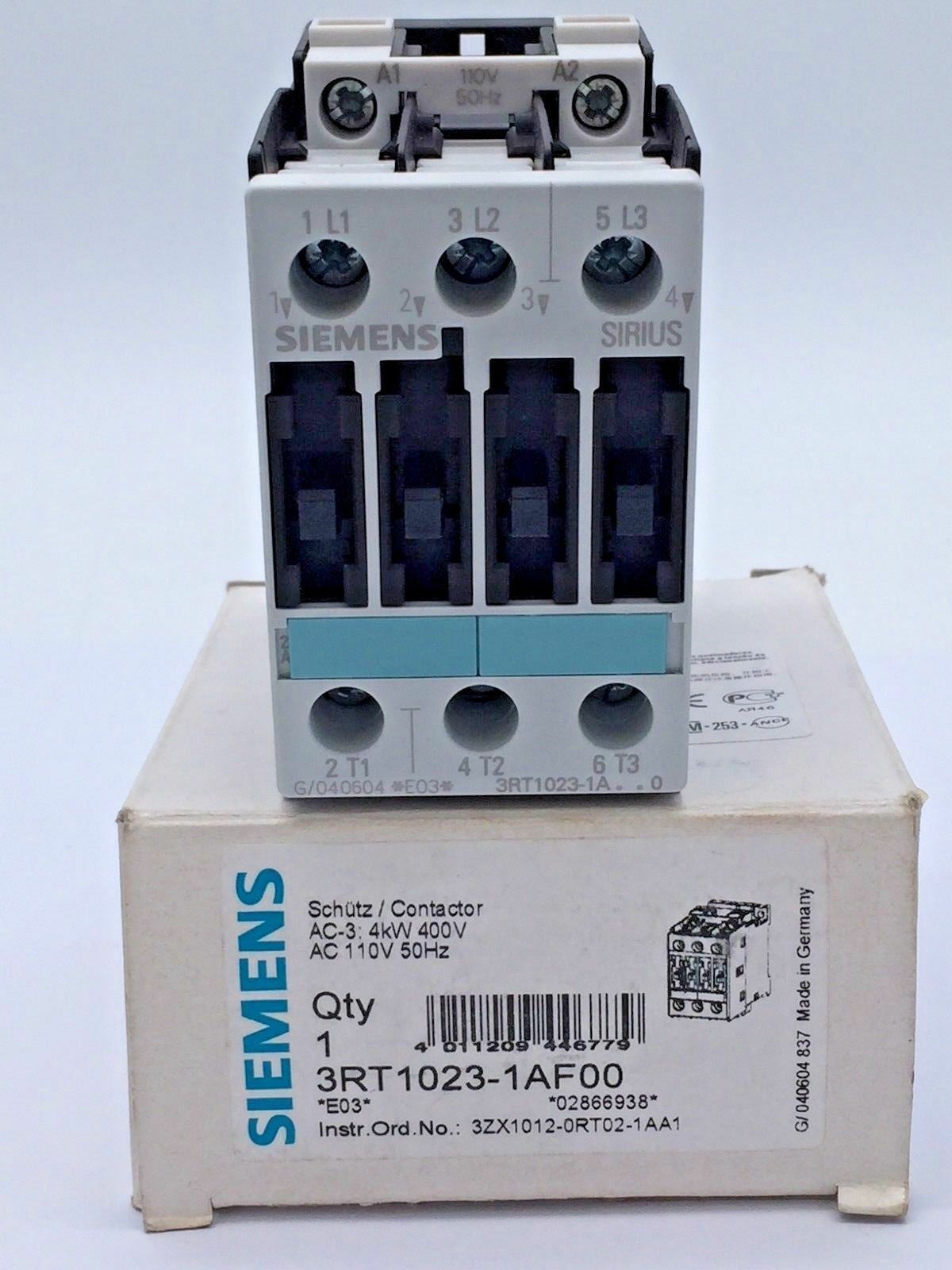 Siemens Sirius 3RT1023-1AF00 Contactor 3 Pole AC3 4kW 9A @ 400V 110VAC50Hz Coil
