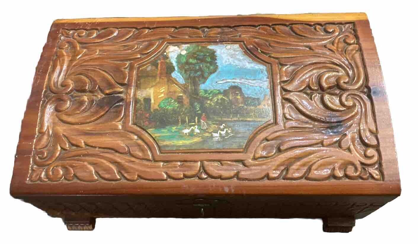 Vintage Hand Carved Cedar Box With Mirror Cottage Scene Trinket Jewelry Stash 