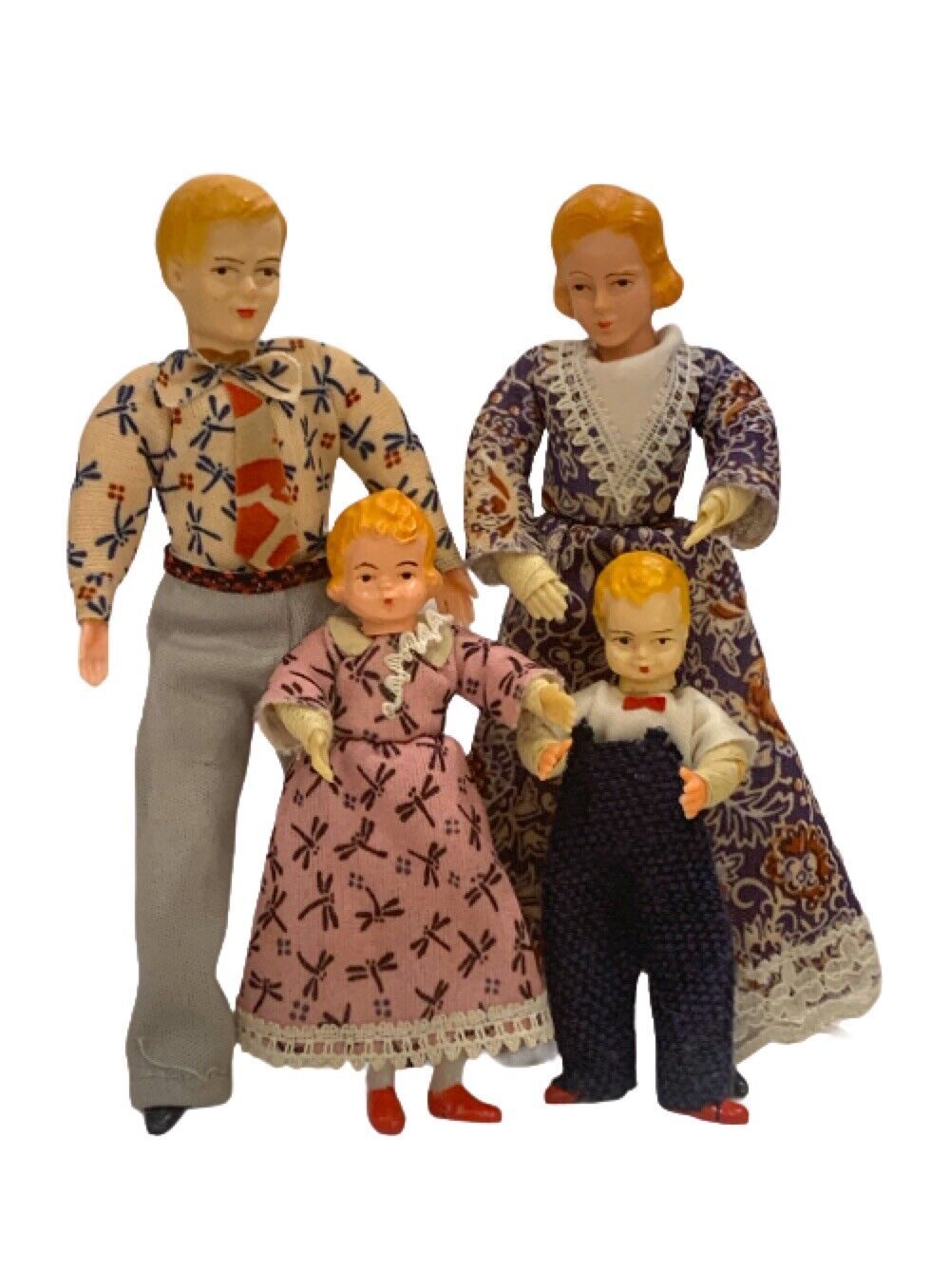 Vintage German Caco Miniature Dollhouse Mom, Dad  Girl & Boy  Family Dolls