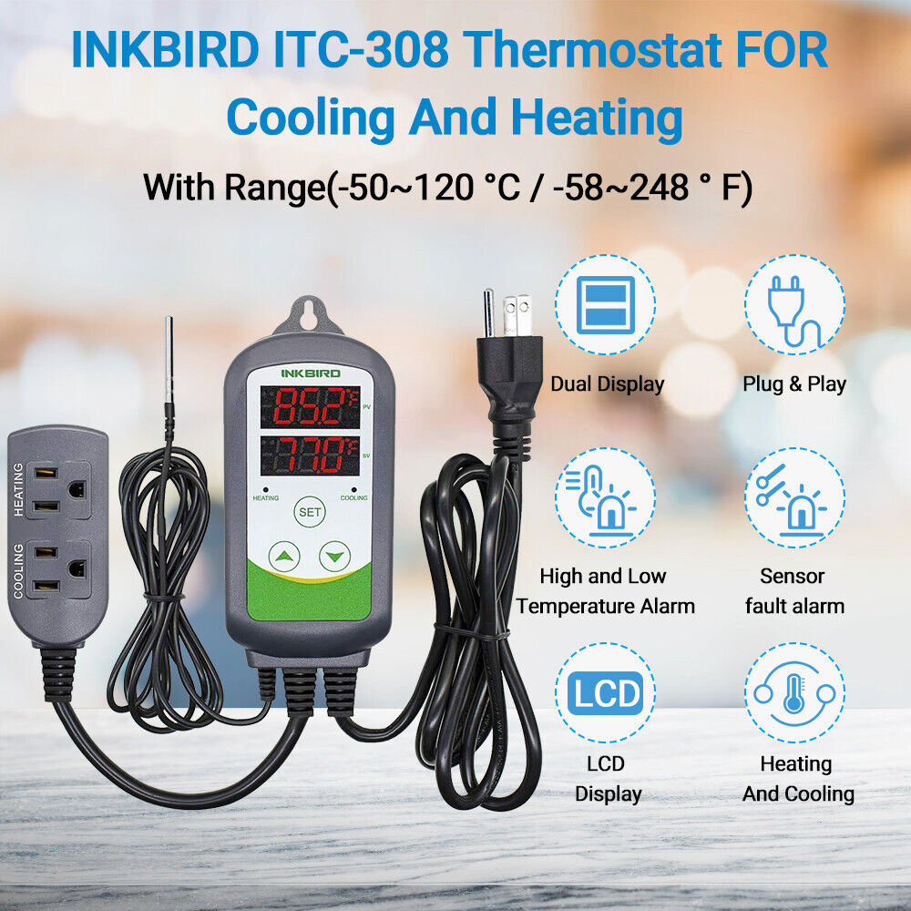 Inkbird ITC-308 Wired Thermostat Reptile Heat Pad Switch 110V Vivarium 2 Relays