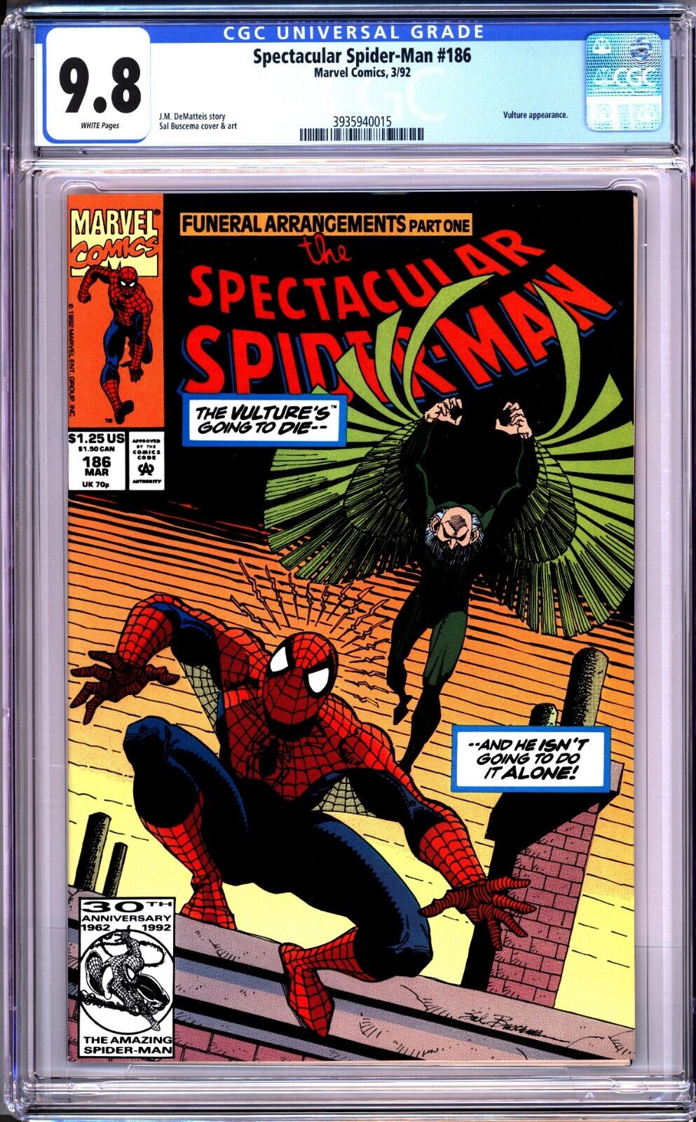 SPECTACULAR SPIDER-MAN #186- CGC 9.8 WP - DIRECT EDITION - VULTURE APPEARANCE