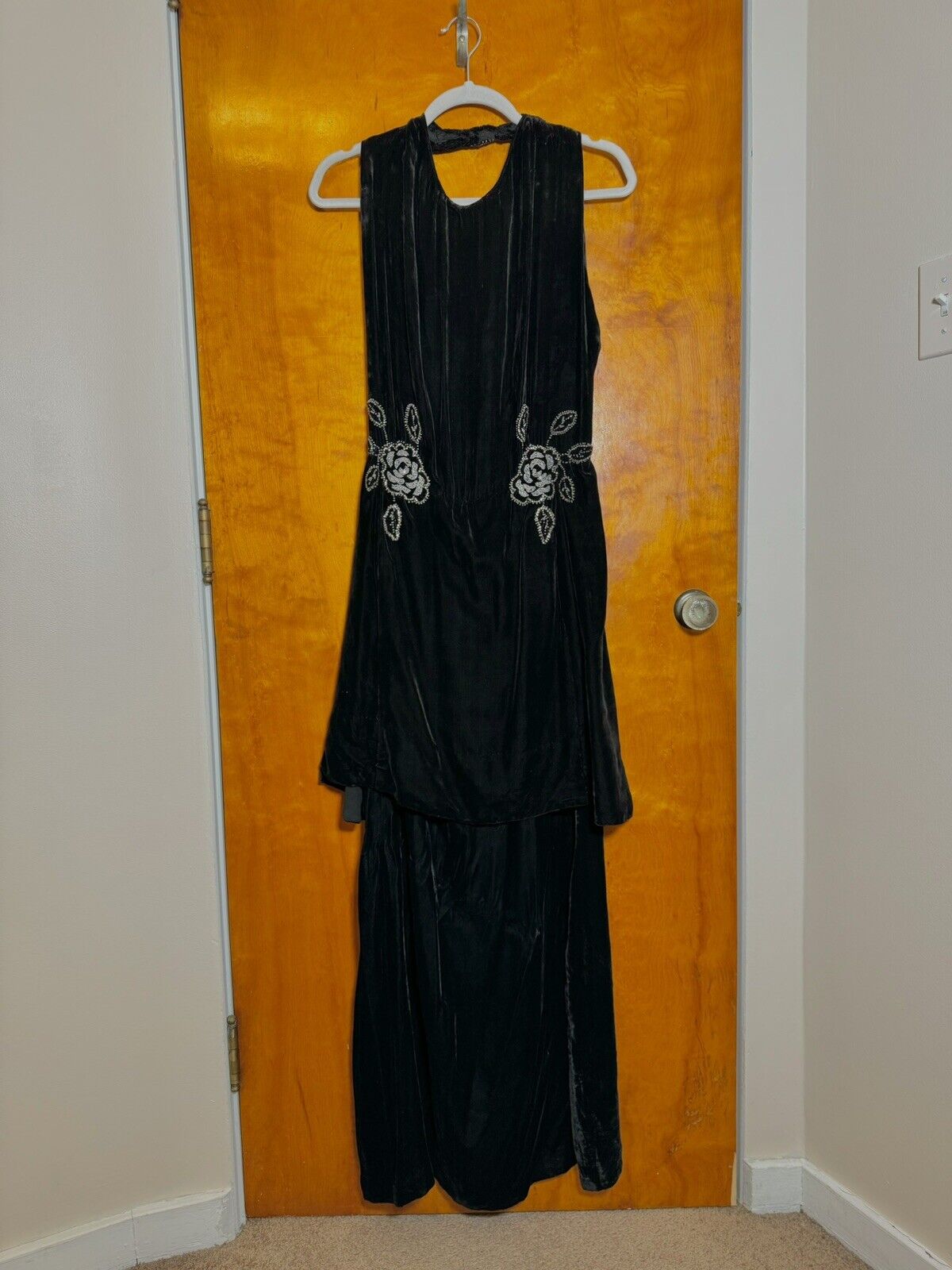 Art Deco 1930’S LONG BLACK  Velvet Dress Rose Glass Bead Sleeveless Gown OOAK