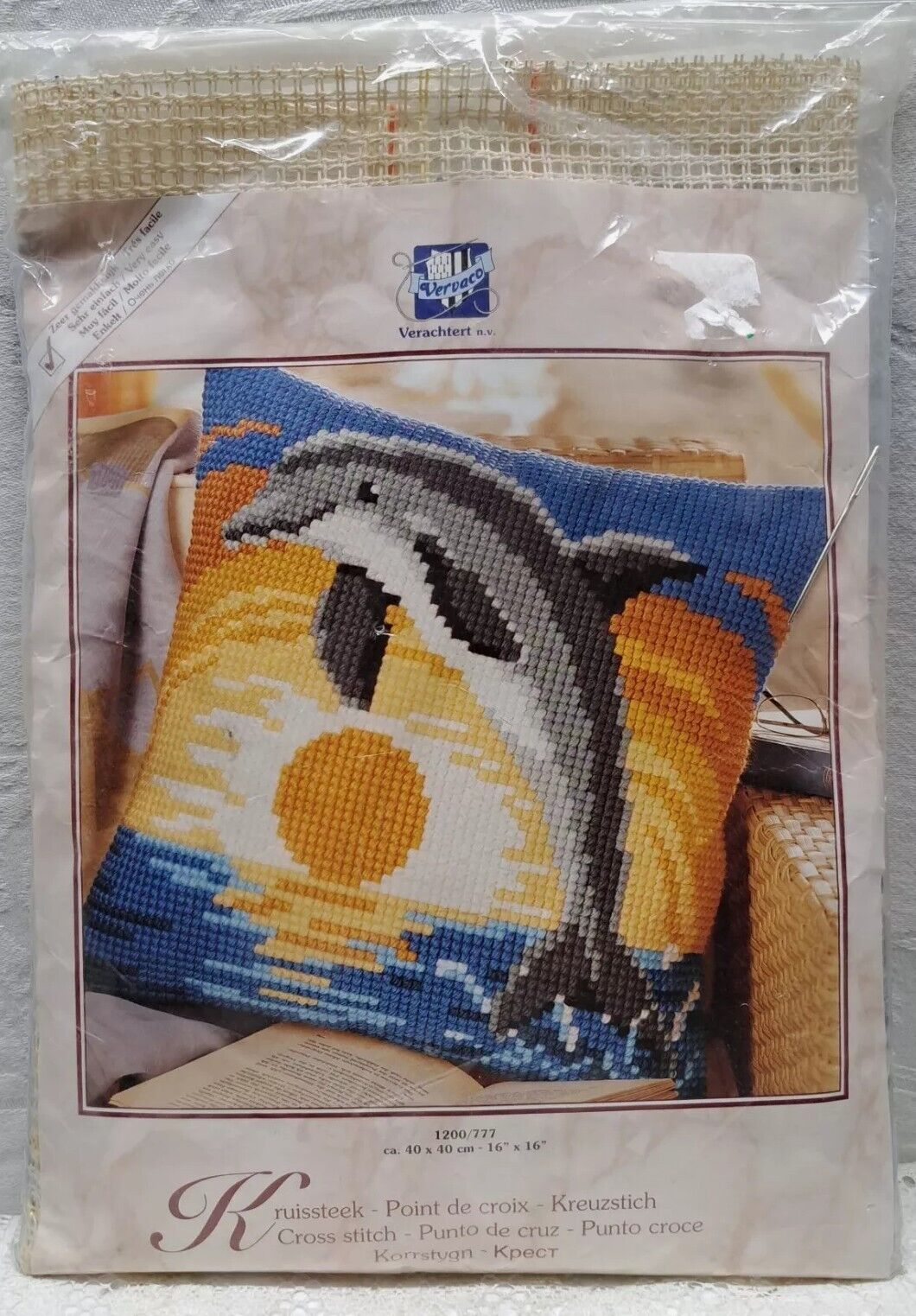 VTG VERVACO 16x16 DOLPHIN SUNSET Cross Stitch PILLOW KIT New Old Stock 