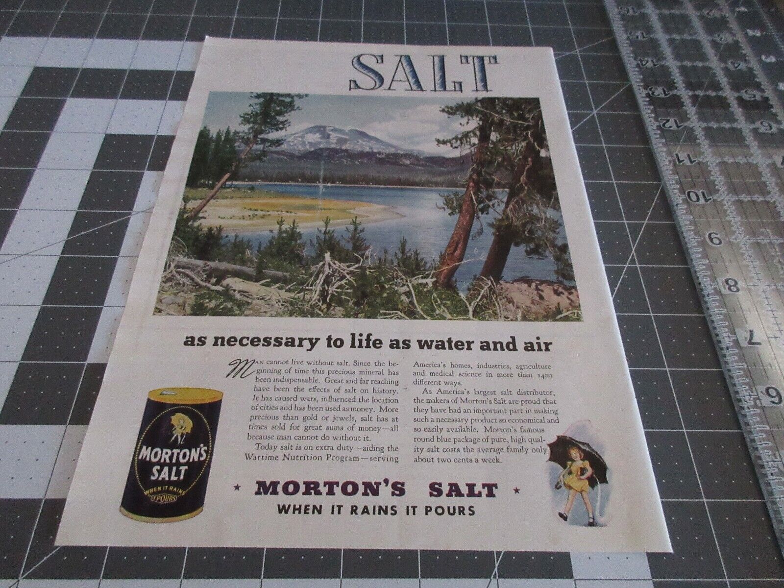 1943 Morton\'s Salt  as necessary to life as water and air, Vintage Print Ad