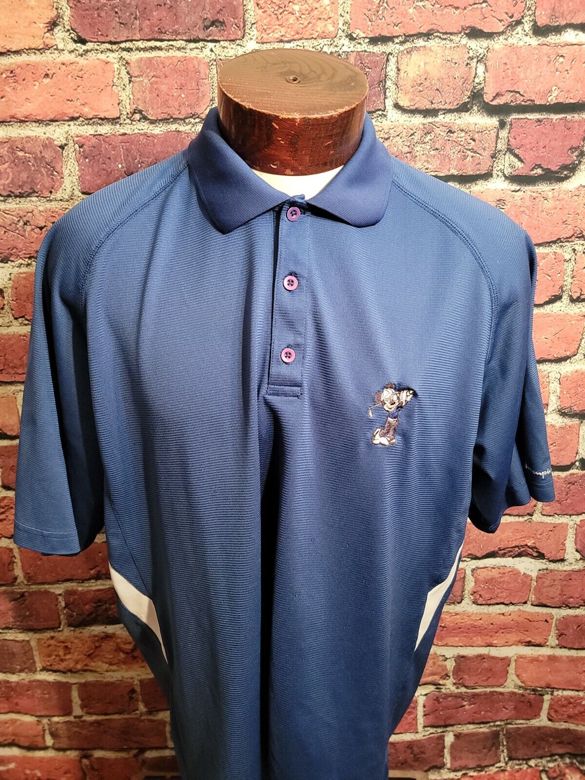 Champion Vintage Men\'s XL Blue White Mickey Mouse Golf Logo Short Sleeve Golf...