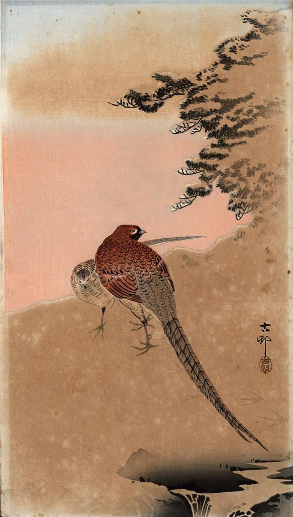 Ohara Koson (1877-1945) Japanese Woodblock Woodcut Print - Copper Pheasants Snow