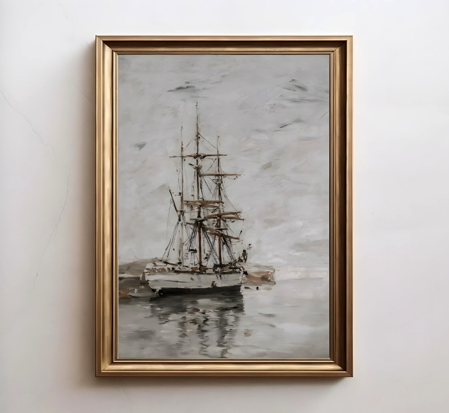 Muted Nautical Ship Oil Painting Vintage Sailboat Wall Art