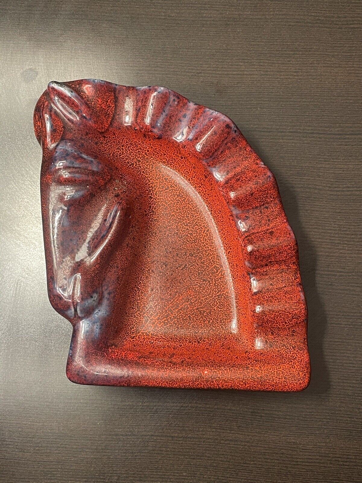Vintage Ceramic Ashtray Trinket Dish Artisan Red Crazing Horse Signed Wiegand
