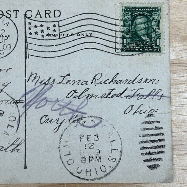 Rare Early 1900s Benjamin Franklin 1 Cent Stamp on Postcard Flag Cancellation