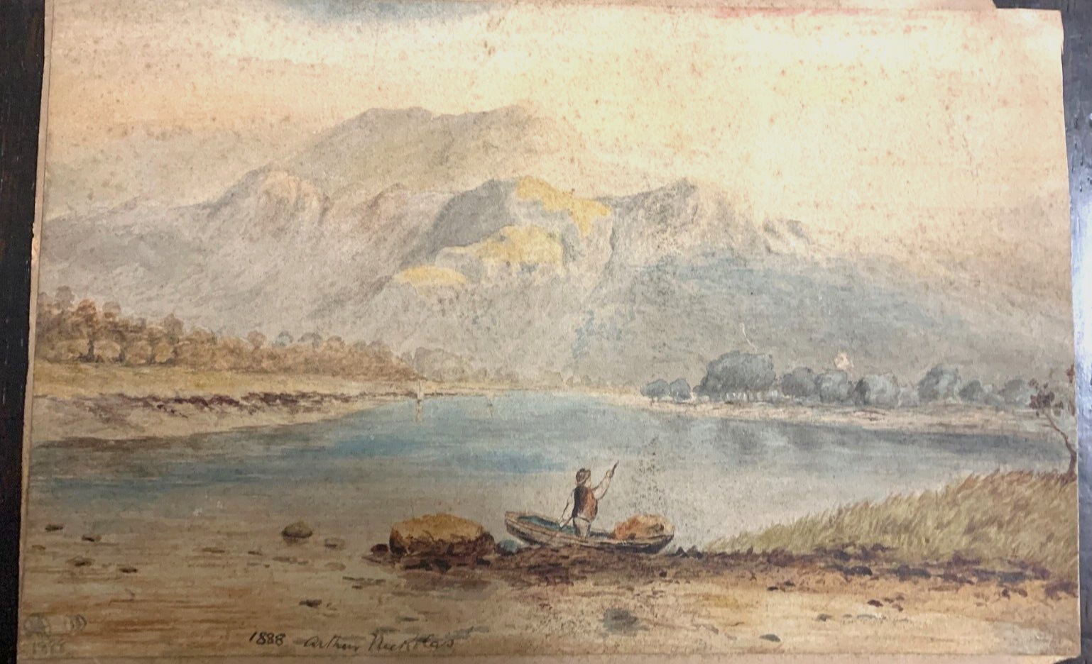 Original Antique Watercolor View of Mountain and Lake and Fisherman on Boat 1888