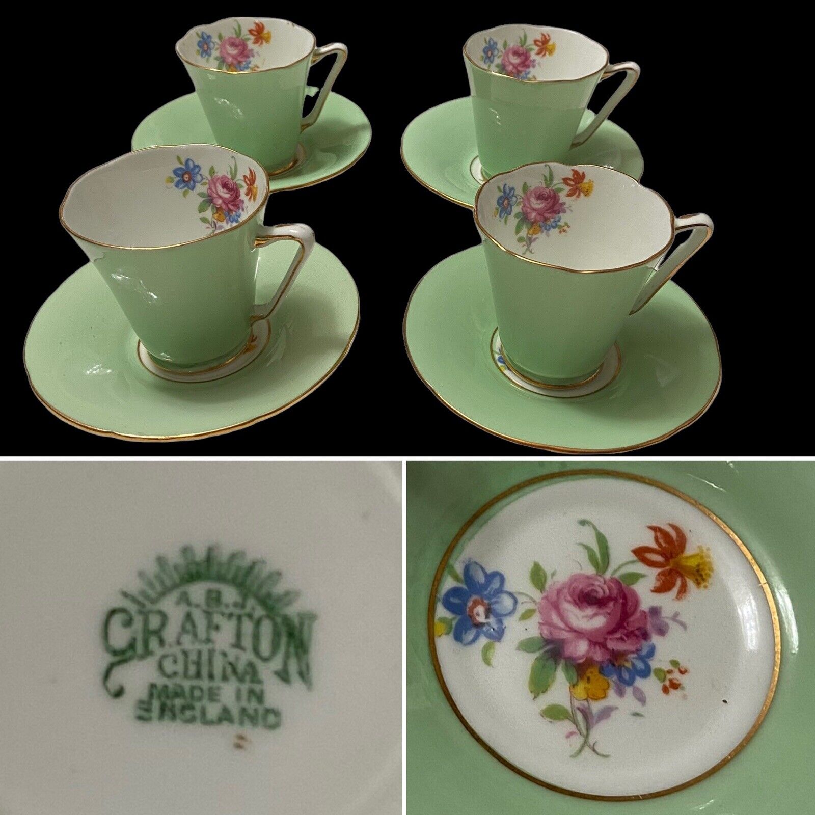 Vintage A.B.J. GRAFTON 1935-1948 Demitasse Cups and Saucers Set of 4 ENGLAND
