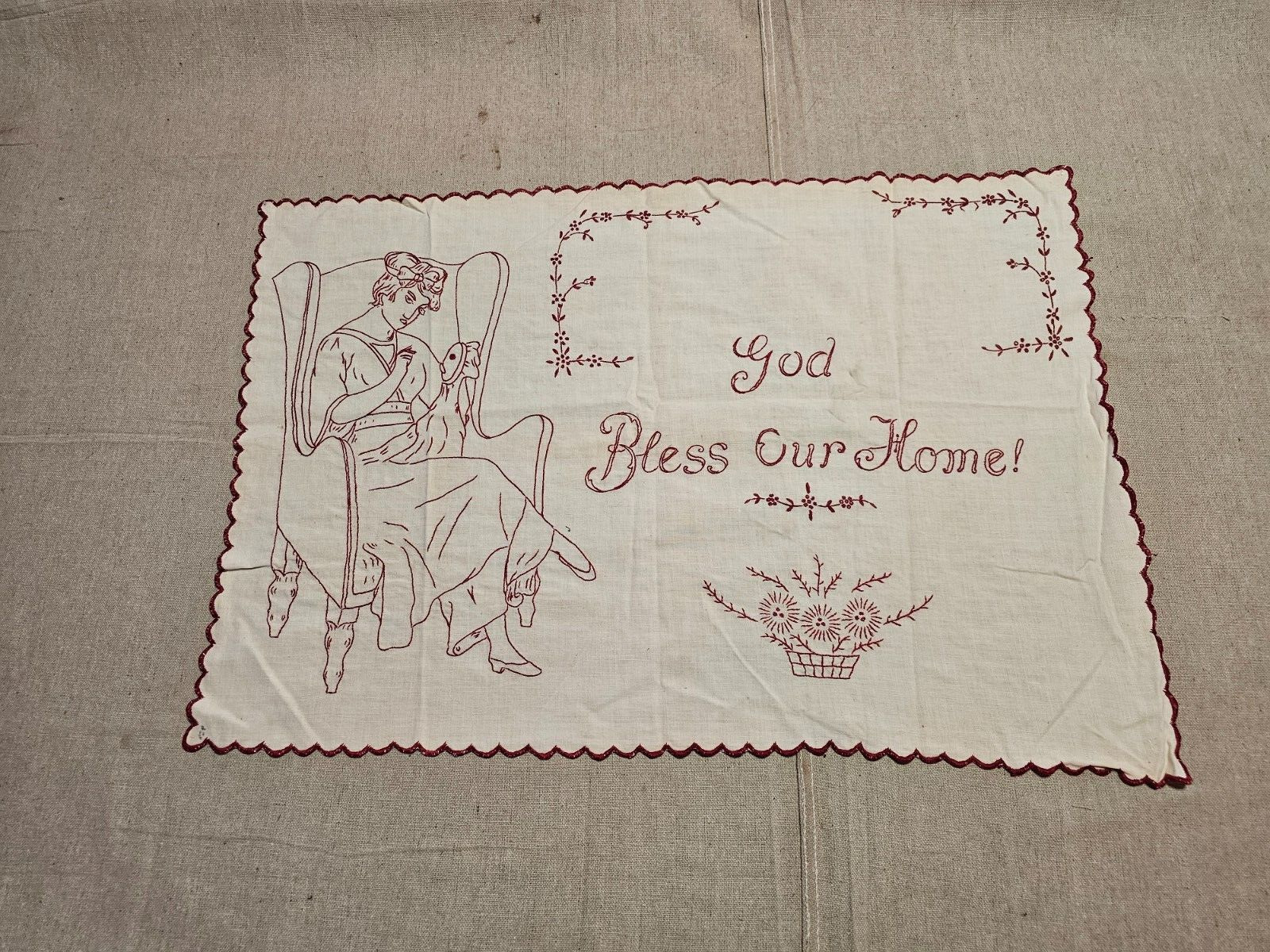 1930s/40s needle work 20 x30 Bless Our Home. Red and off white