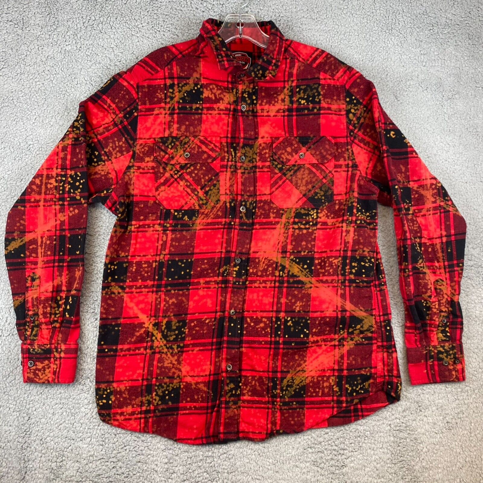 Angry Minnow Shirt Mens L Red Plaid Flannel Speckled Minnesota Paul Bunyan Fish