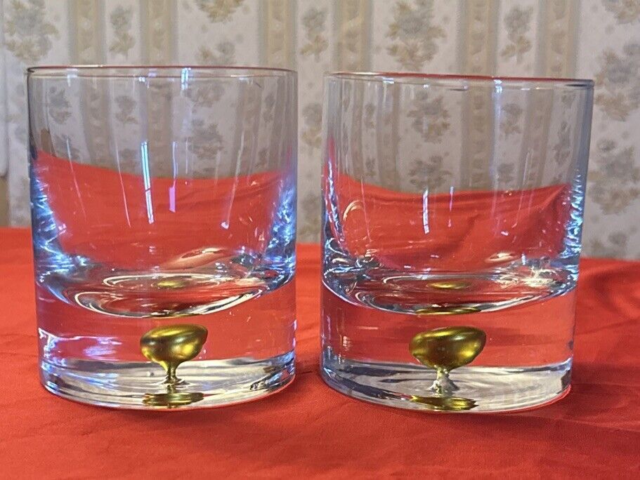 2 Orrefors Intermezzo Crystal Double Old Fashioned Glass Heavy Gold Bubble Base