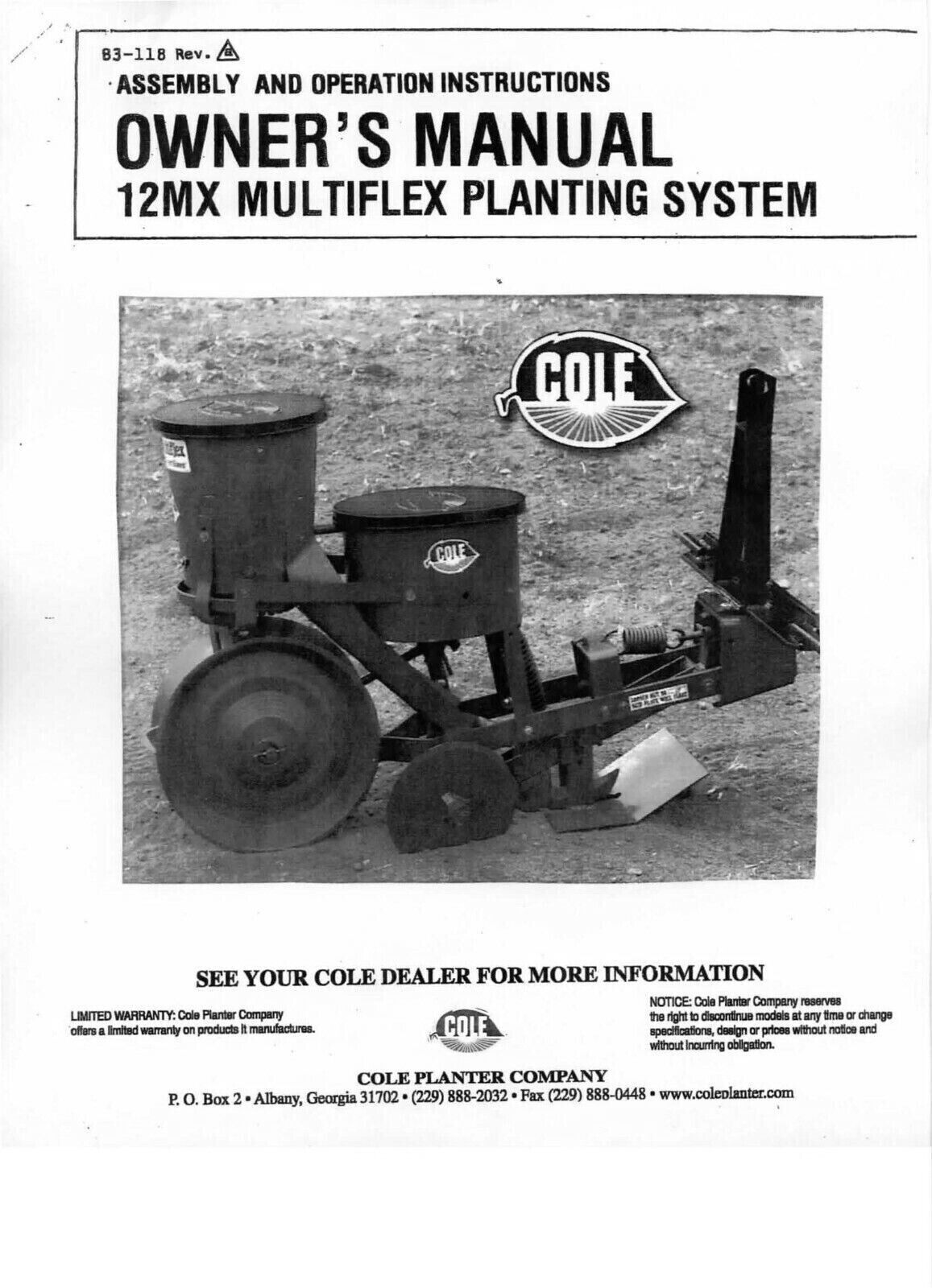 Owners & Parts List Manual Fits Cole Garden Planter Fertilizer 12MX Multiplex