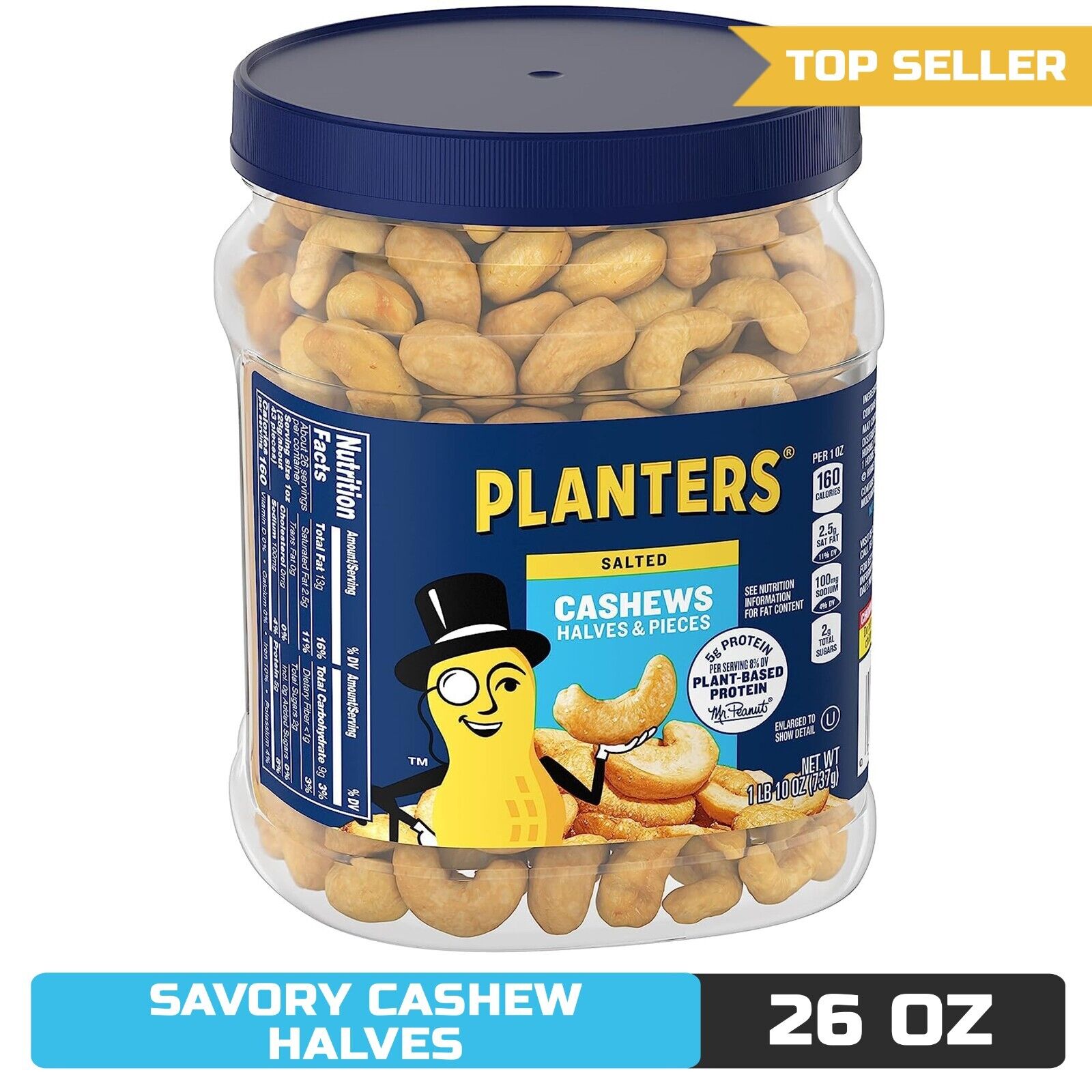 PLANTERS Salted Cashew Halves & Pieces - Snack Satisfaction, 26 oz Canister