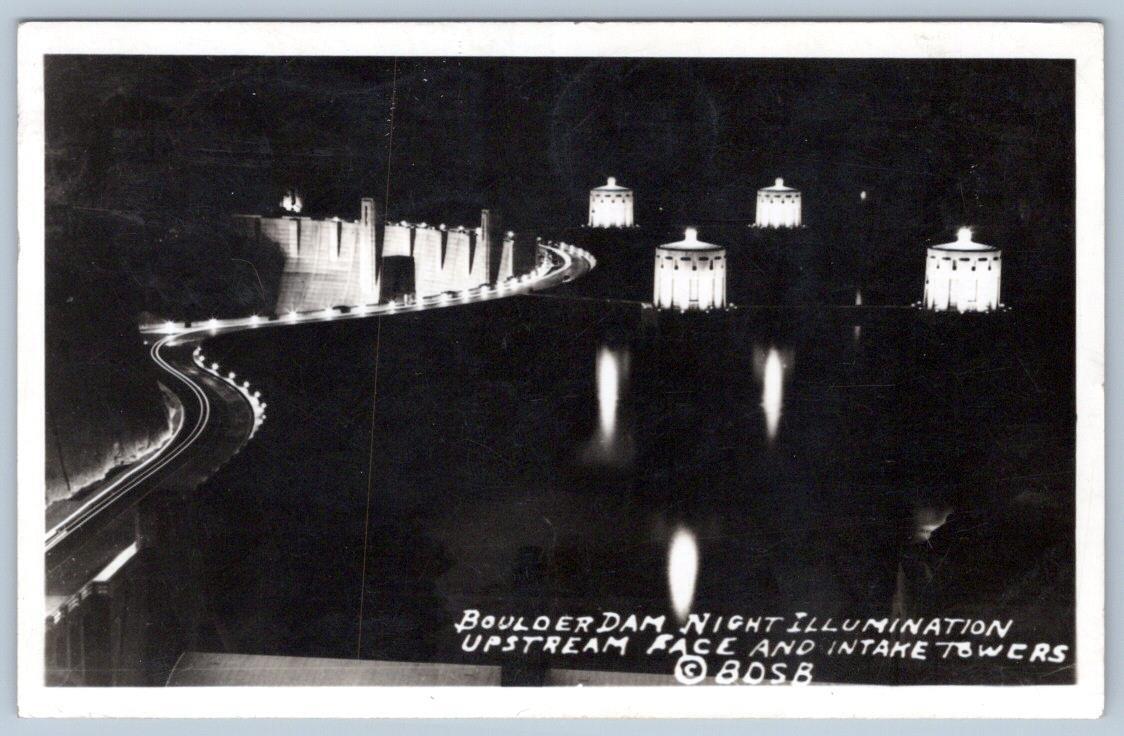 1940\'s RPPC BOULDER HOOVER DAM NIGHT ILLUMINATION UPSTREAM FACE & INTAKE TOWERS