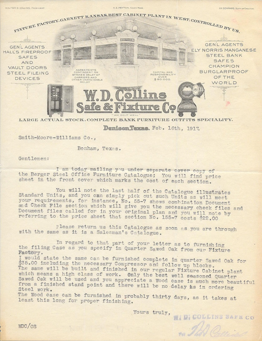 WD COLLINS CANON BALL SAFE BANK FIXTURE VAULT DOOR 1917 LETTERHEAD ORIGINAL