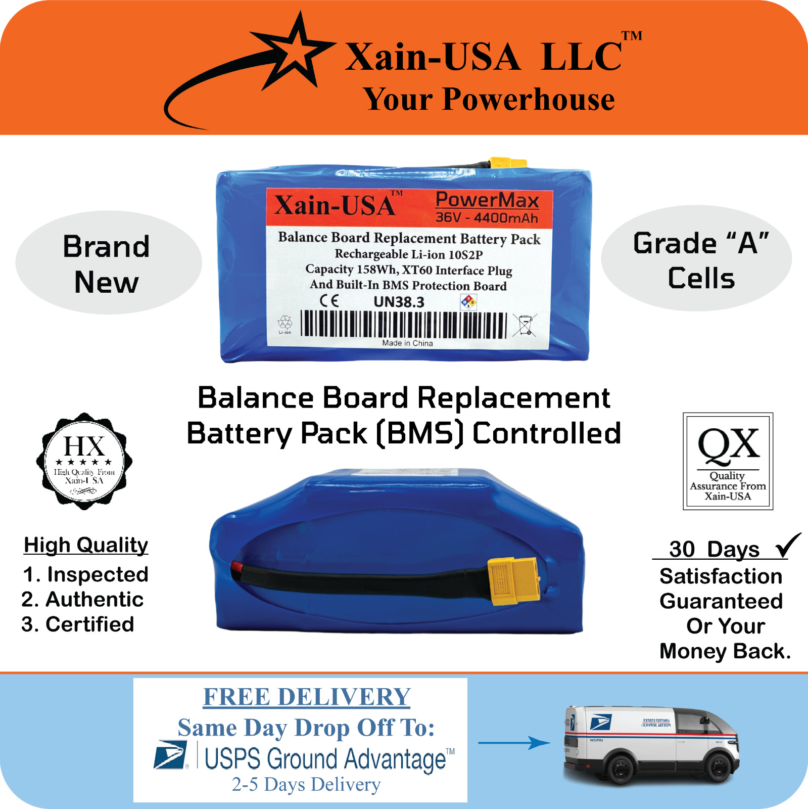 High Quality Replacement Balance Board Battery 36V 4400mAh, BMS, JST XT60 Plug