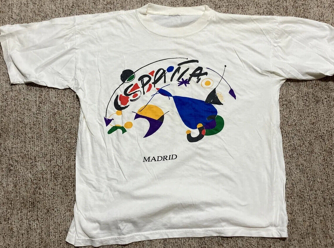 Rare Vintage Espańa Madrid Tourist Artistic T Shirt 90s White Large L Art Safon
