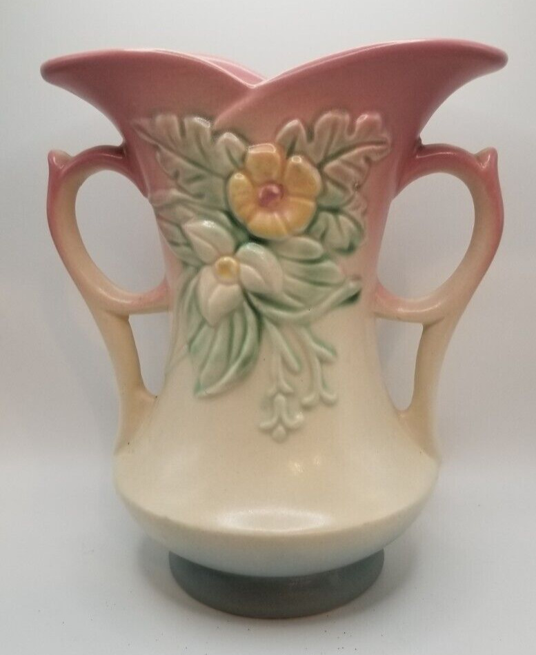 Hull Art Pottery Double Handled Wildflower Vase Pink/Green USA W-6  71/2\