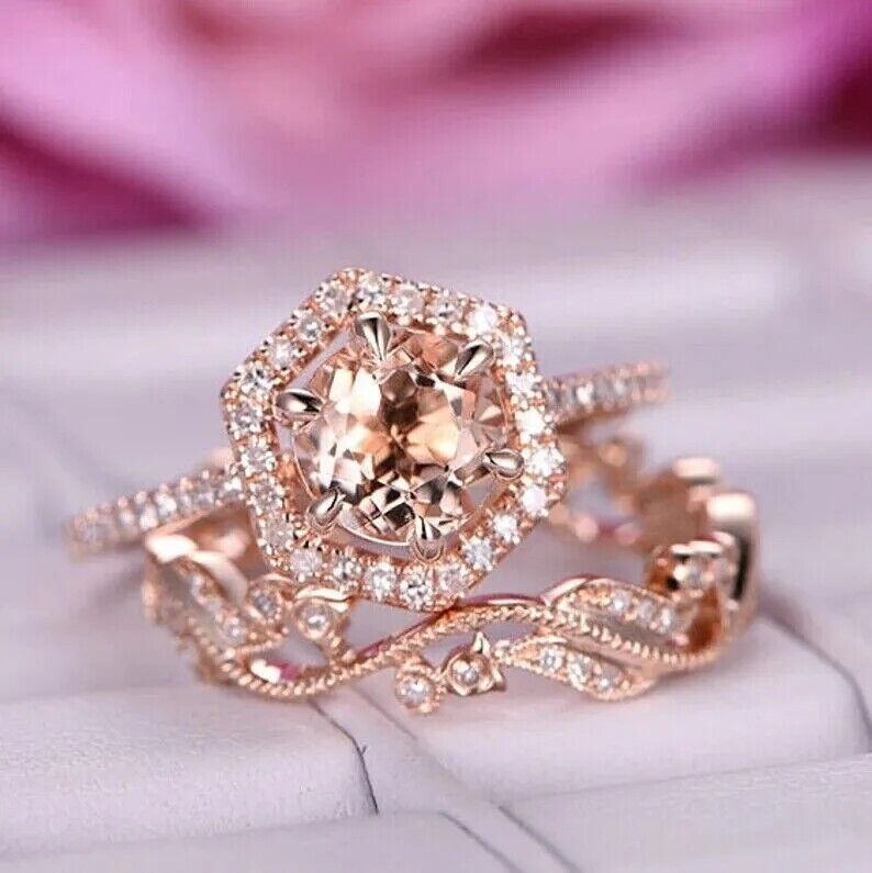 Morganite & Lab Created Diamond Bridal Gift Ring Set 14k Rose Gold Plated Silver