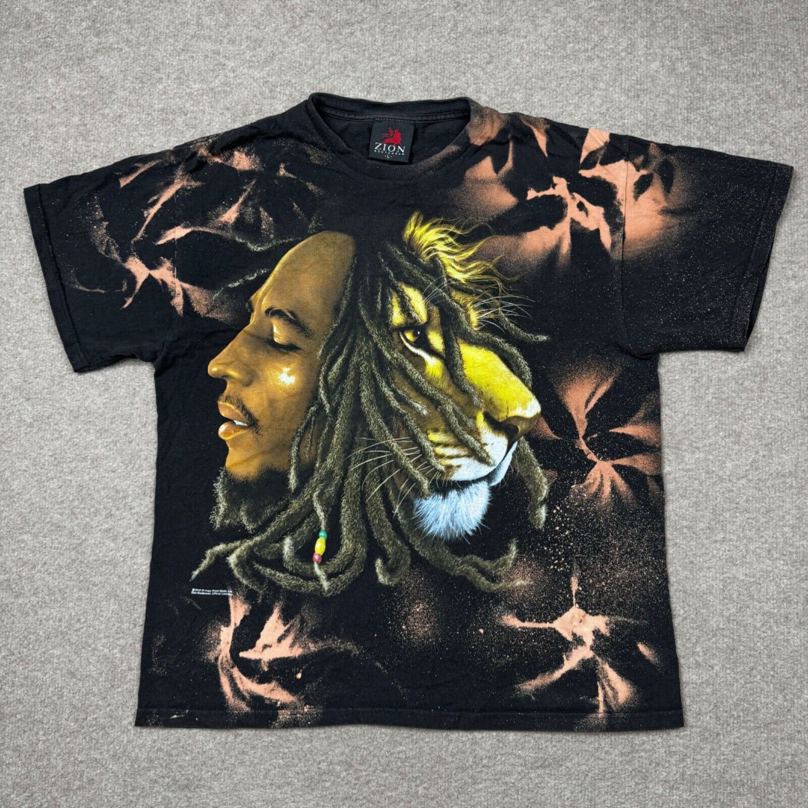 Bob Marley T Shirt Mens Size L Black Zion Rootswear Bleached Tie Dye Adults