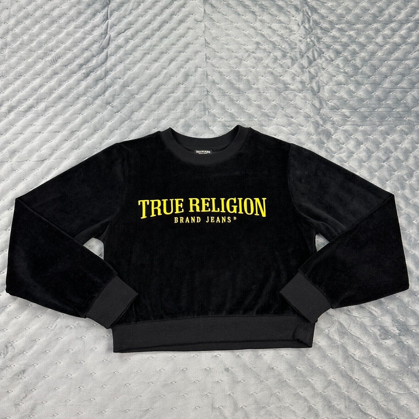 True Religion Sweater Womens Small Black Velour Crop Pullover Sweatshirt Hip Hop
