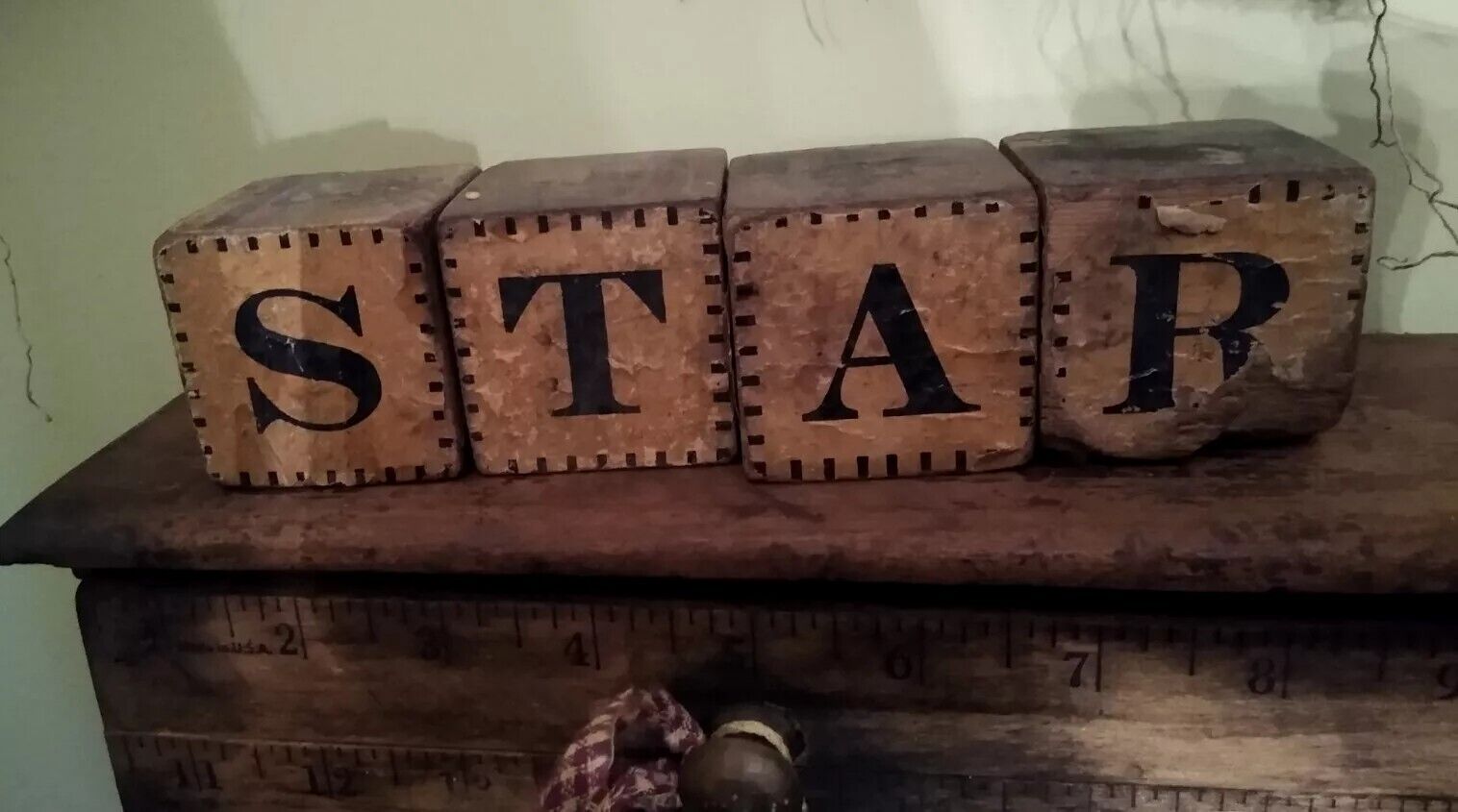 Antique Primitive Letter Picture Toy Blocks Wooden & Wallpaper STAR