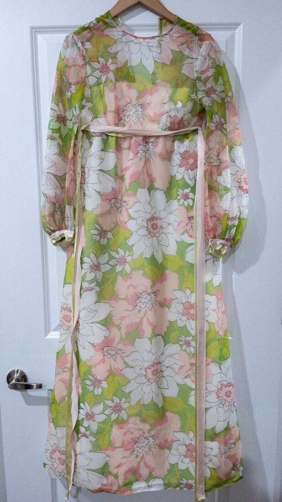 Vintage 1960s Murray Hamburger & Co Floral Dress Lace‎ Trim Long Sleeve