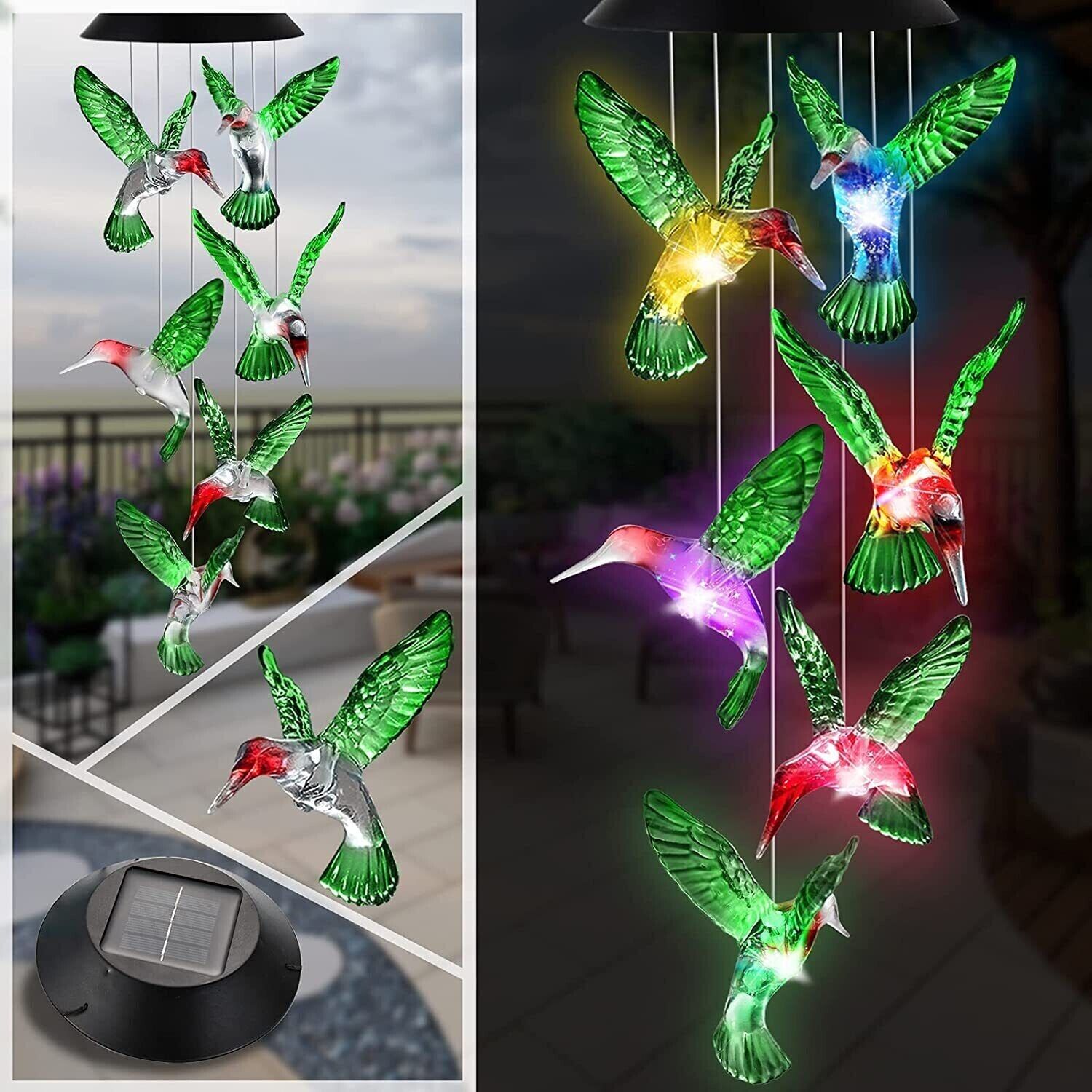 Solar Wind Chimes Hummingbird LED Waterproof Outdoor Light Color-Changing
