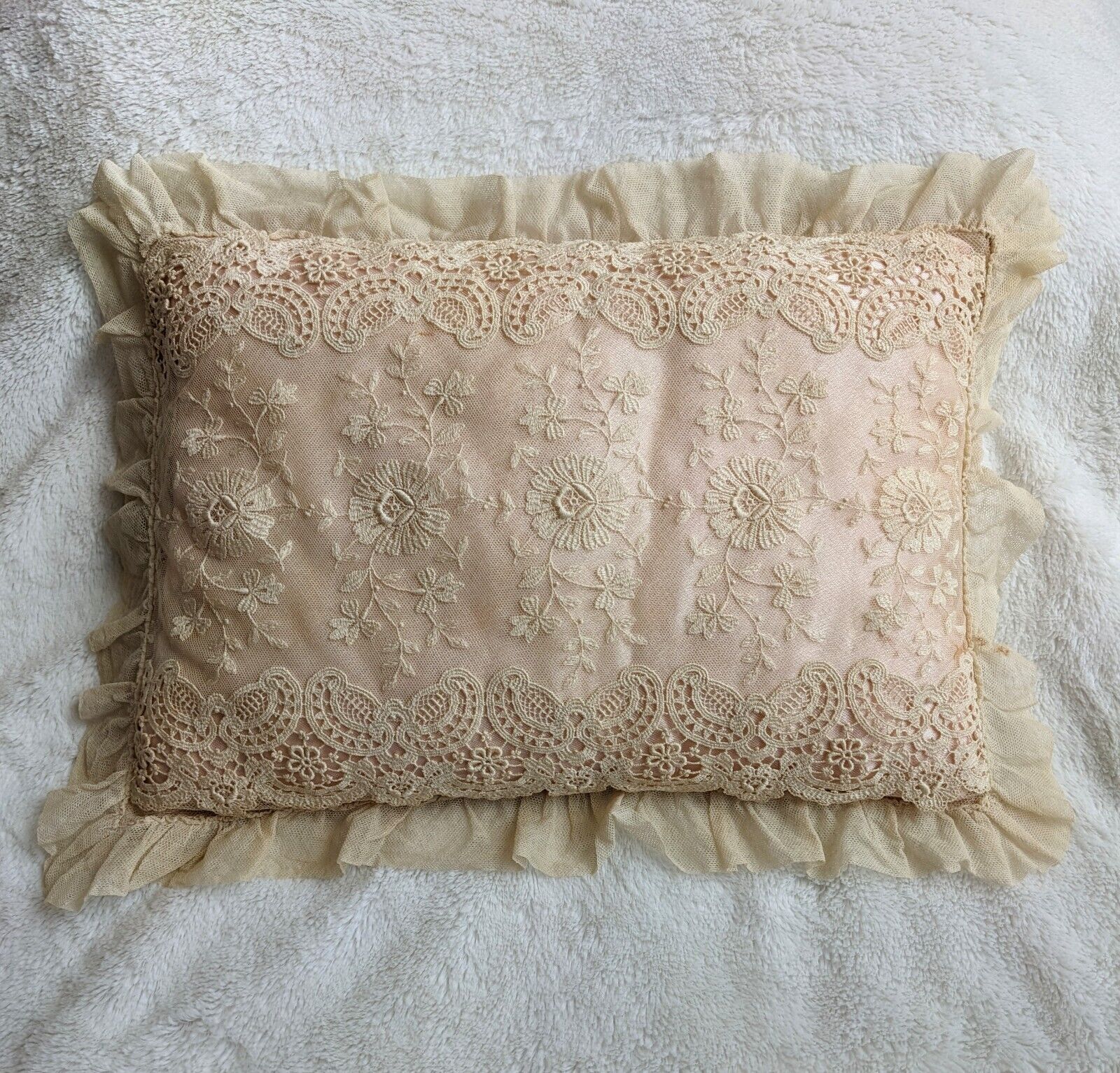 Antique Boudoir Lace Pillow Cover Satin Insert Flowers Shabby vintage Victorian