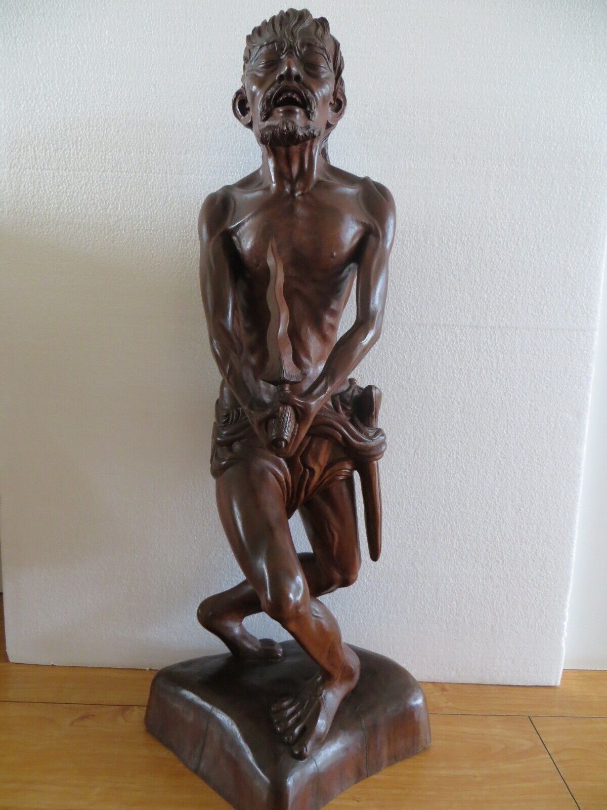 Wood Sculpture, Wood Carved Statue Figurine Japanese Man Hara Kiri