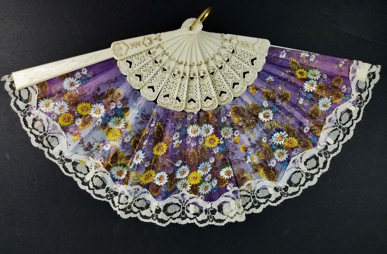 Vintage Folding Hand Fan Purple Floral with Lace Asian style Signed Tarrega