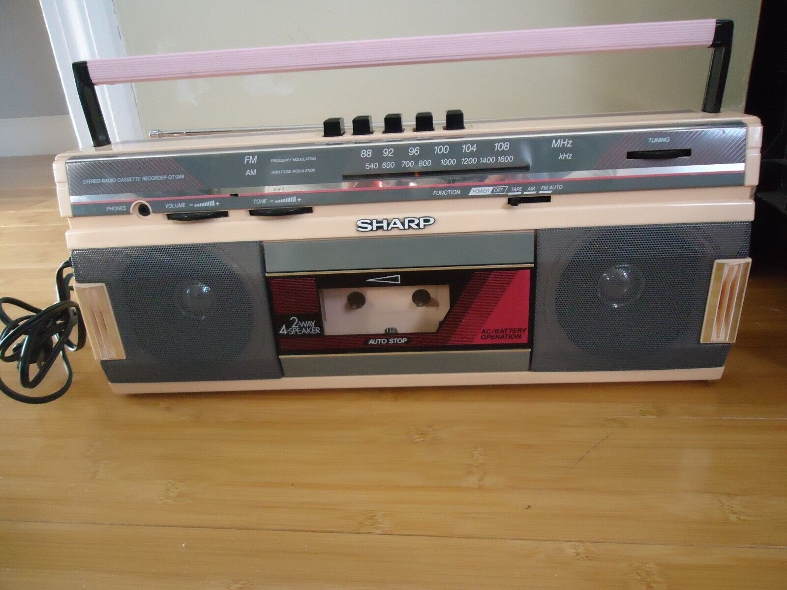 Pink Sharp QT-248 AM/FM Cassette Boom Box, 1980s - Tested, Radio working