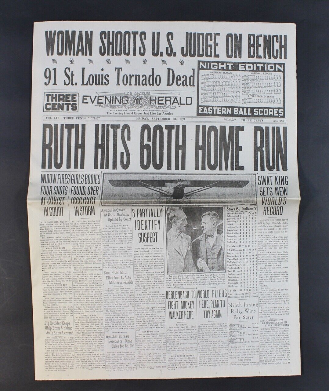 September 30 1927 Babe Ruth 60th Home Run Los Angeles 1920's Vintage Newspaper
