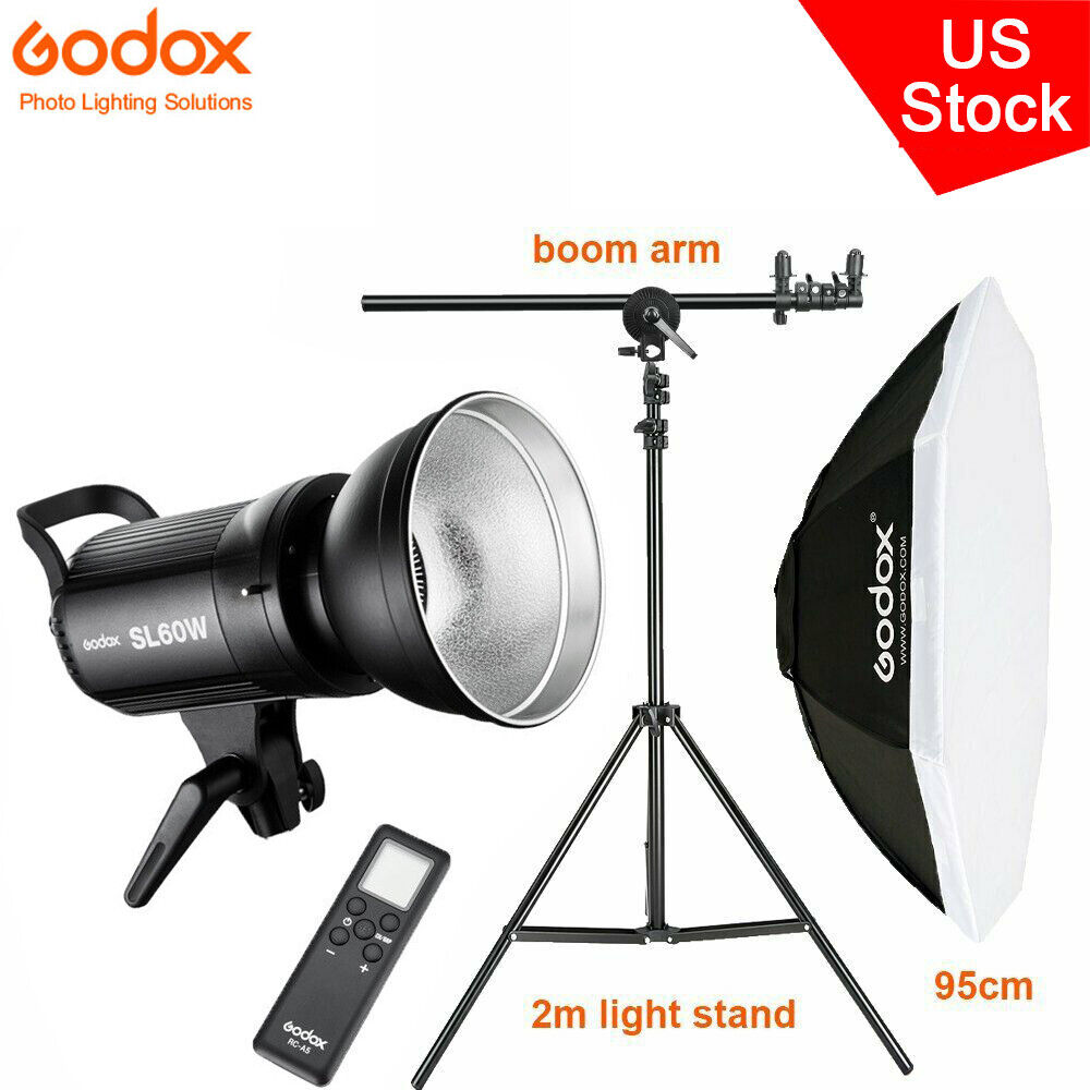 US Godox SL-60W Studio LED Video Light+95cm Softbox+200cm Tripod With Boom Arm