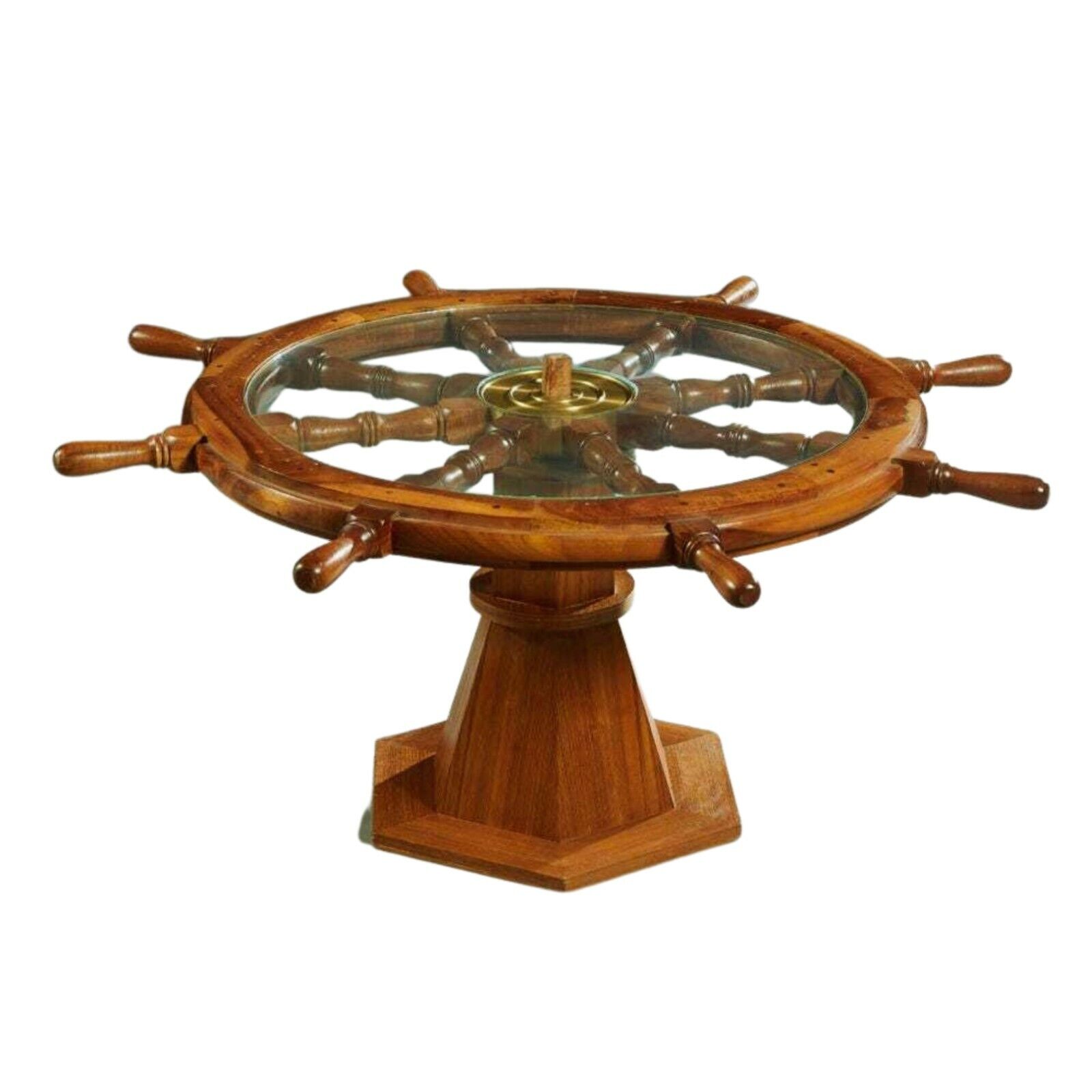 Table, Ship\'s Wheel, Coffee, Glass Top, Uniquely Carved Mahogany, 1900\'s