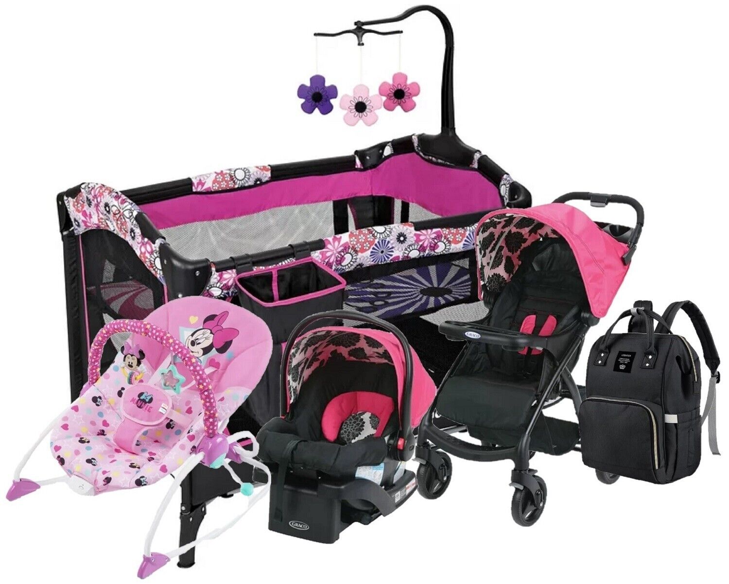 Newborn Baby Litrle Girl Combo Stroller With Car Seat Playard Diaper Bag Rocker