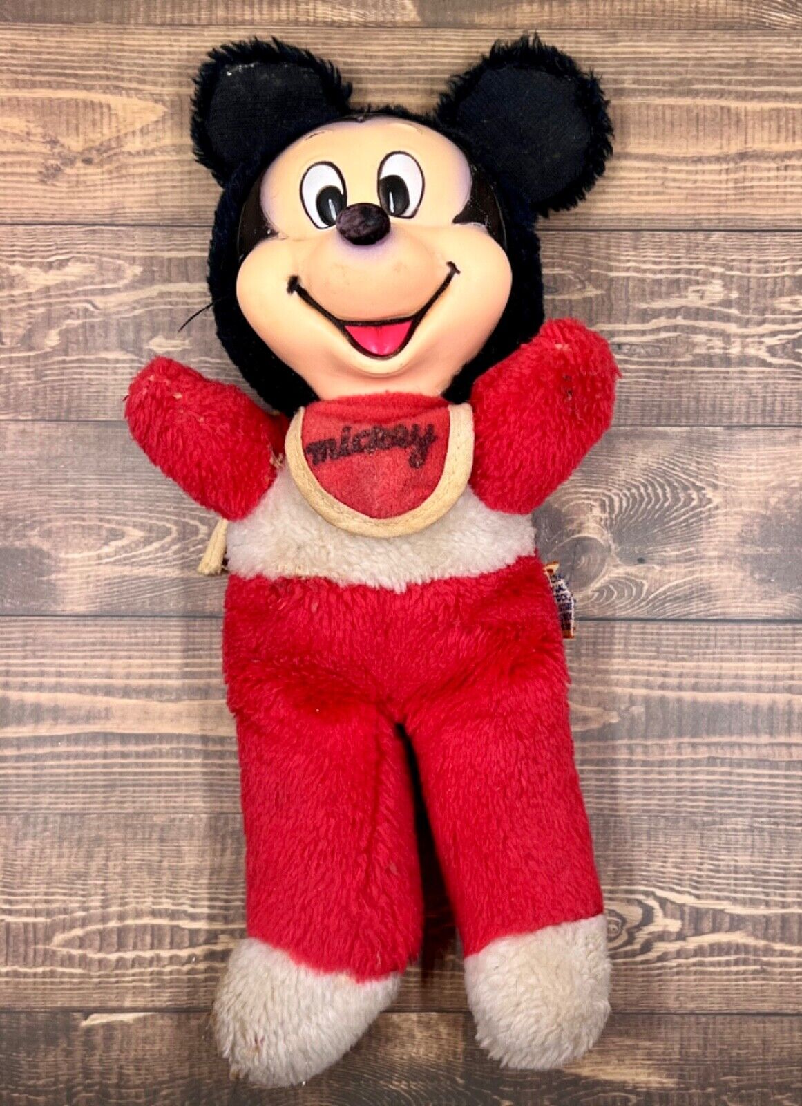 Vintage Baby Mickey Mouse Plush Toy, 10” Rubber Face W/Bib Walt Disney  