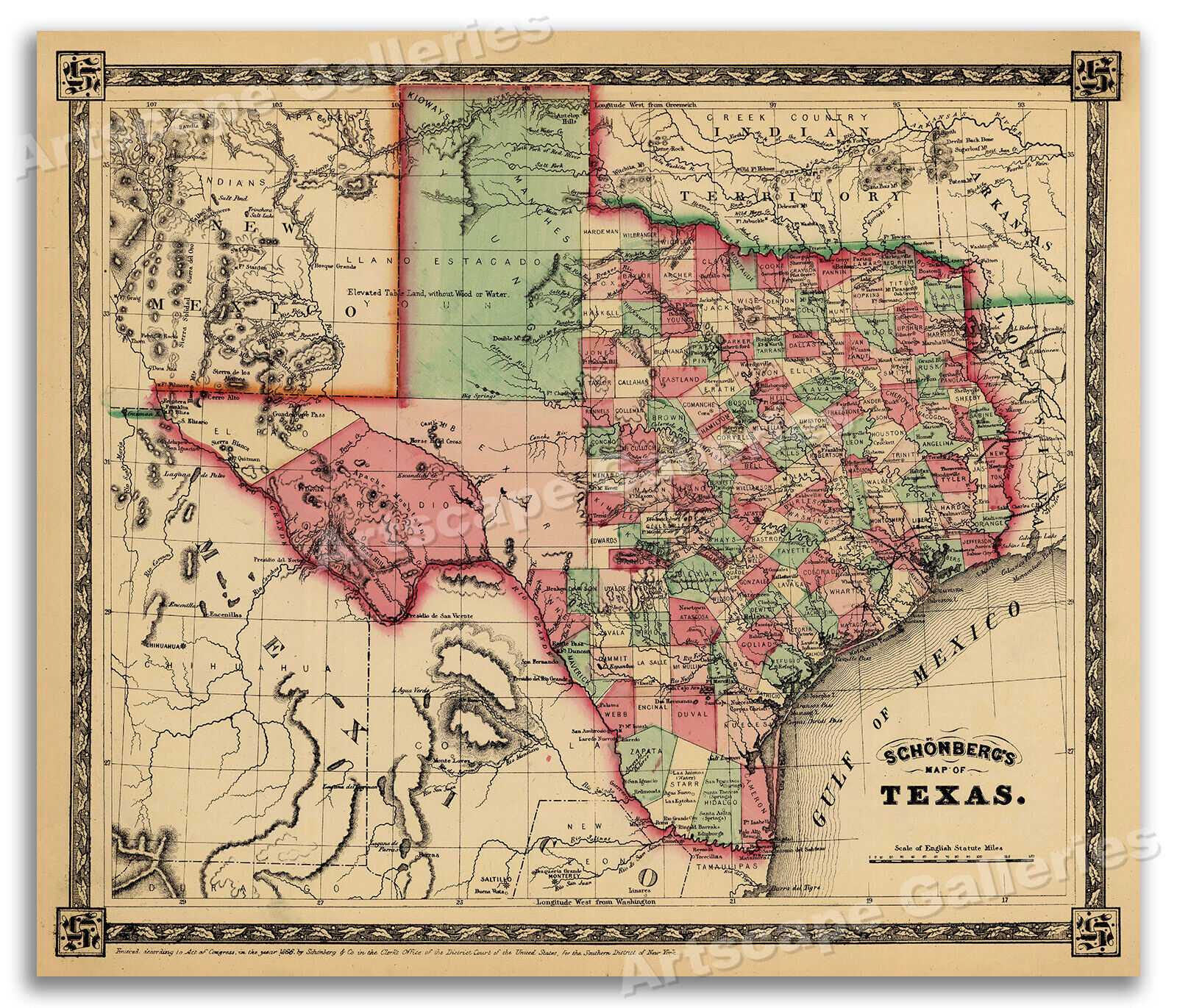 1866 Schönberg's Early Map of Texas Historic Map 24x28