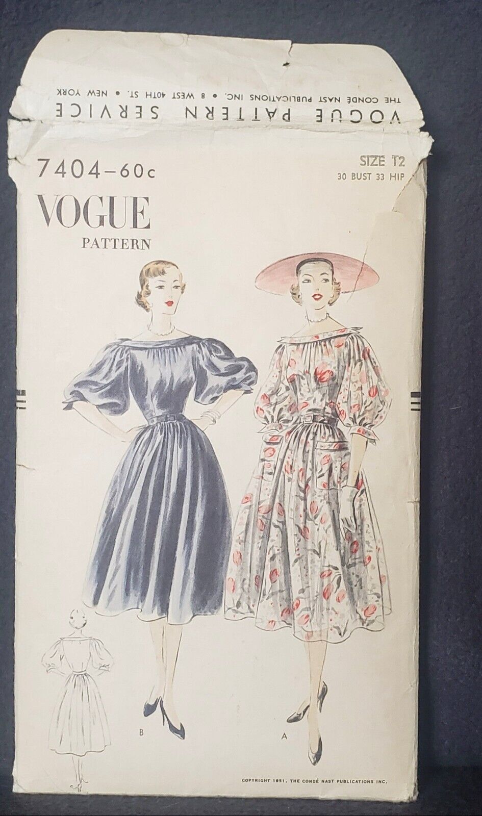 1951 Vogue Pattern 7404 Vintage Design DRESS & BELT/SASH SIZE 12 unused 30\